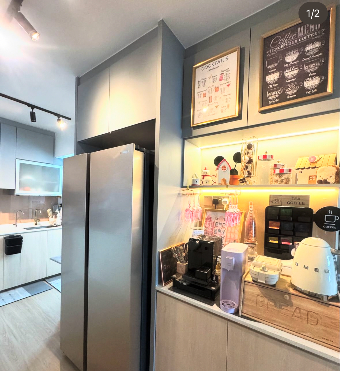 Home Decor: Repurpose & Display of Household Items - Modern kitchen with stainless steel refrigerator, light gray cabinets