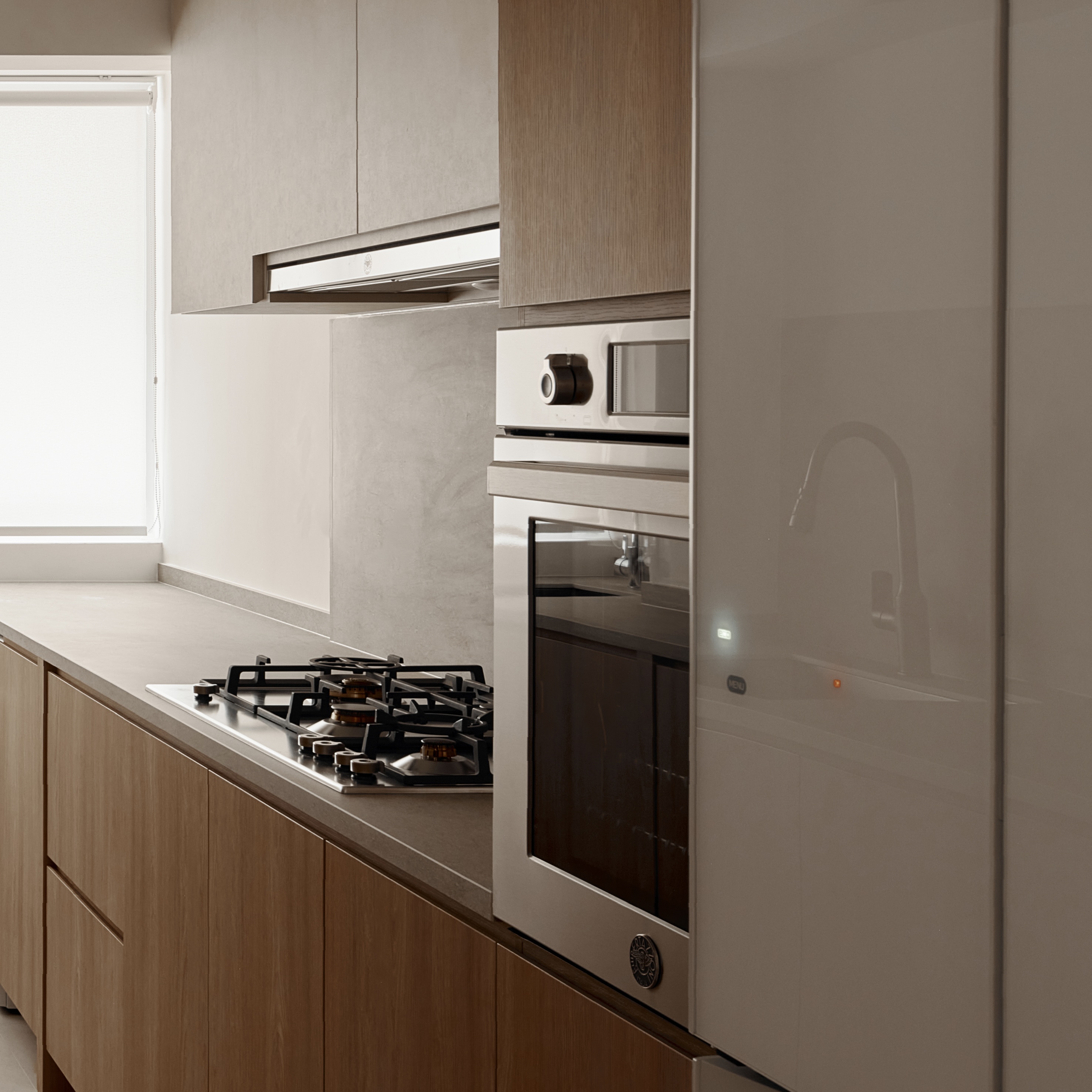 Cooking Up Comfort: A Kitchen Where Form Meets Function - Modern kitchen with sleek design, minimalist decor, large window