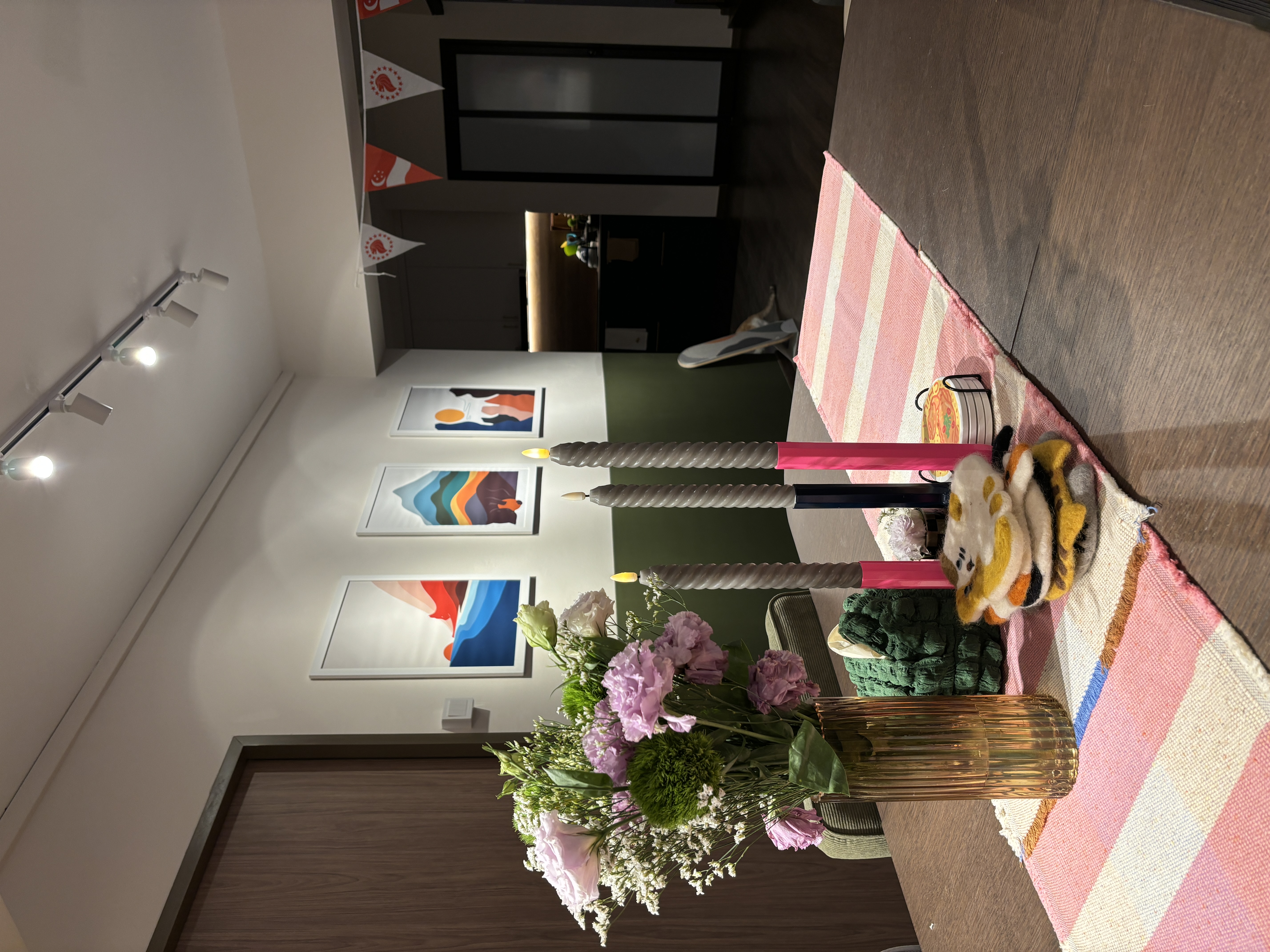 Hosting tips for Weekday Dinner Parties - vibrant floral arrangement, colorful flowers, pink and white striped rug, green