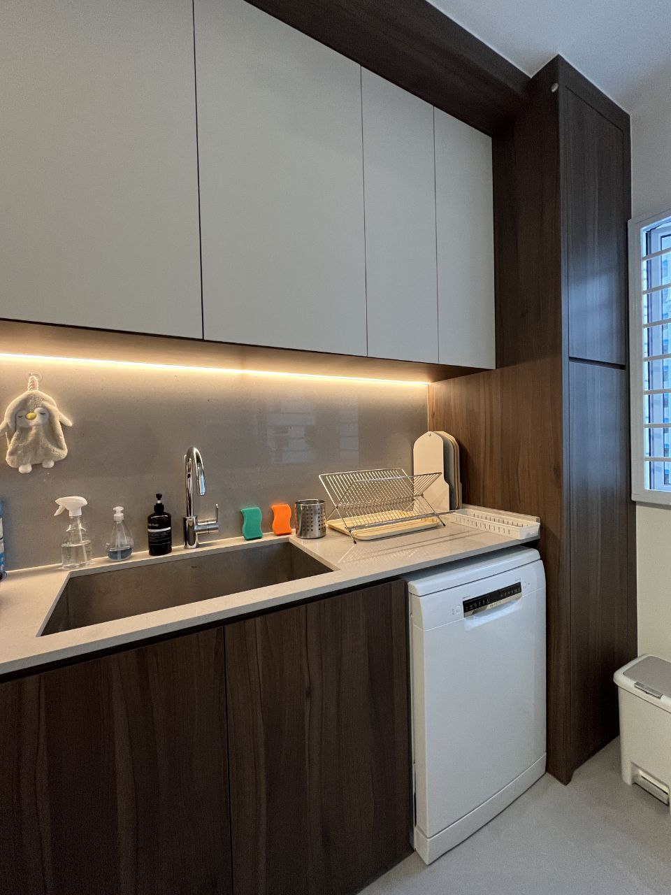 Our Kitchen: endless countertop space - modern kitchen, compact space, dual sink, under-counter storage, white cabinets, dark