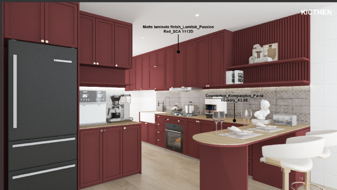 Bold and Unique: Our Open Kitchen with an Unconventional Color Palette - Red kitchen cabinetry, matte laminate finish