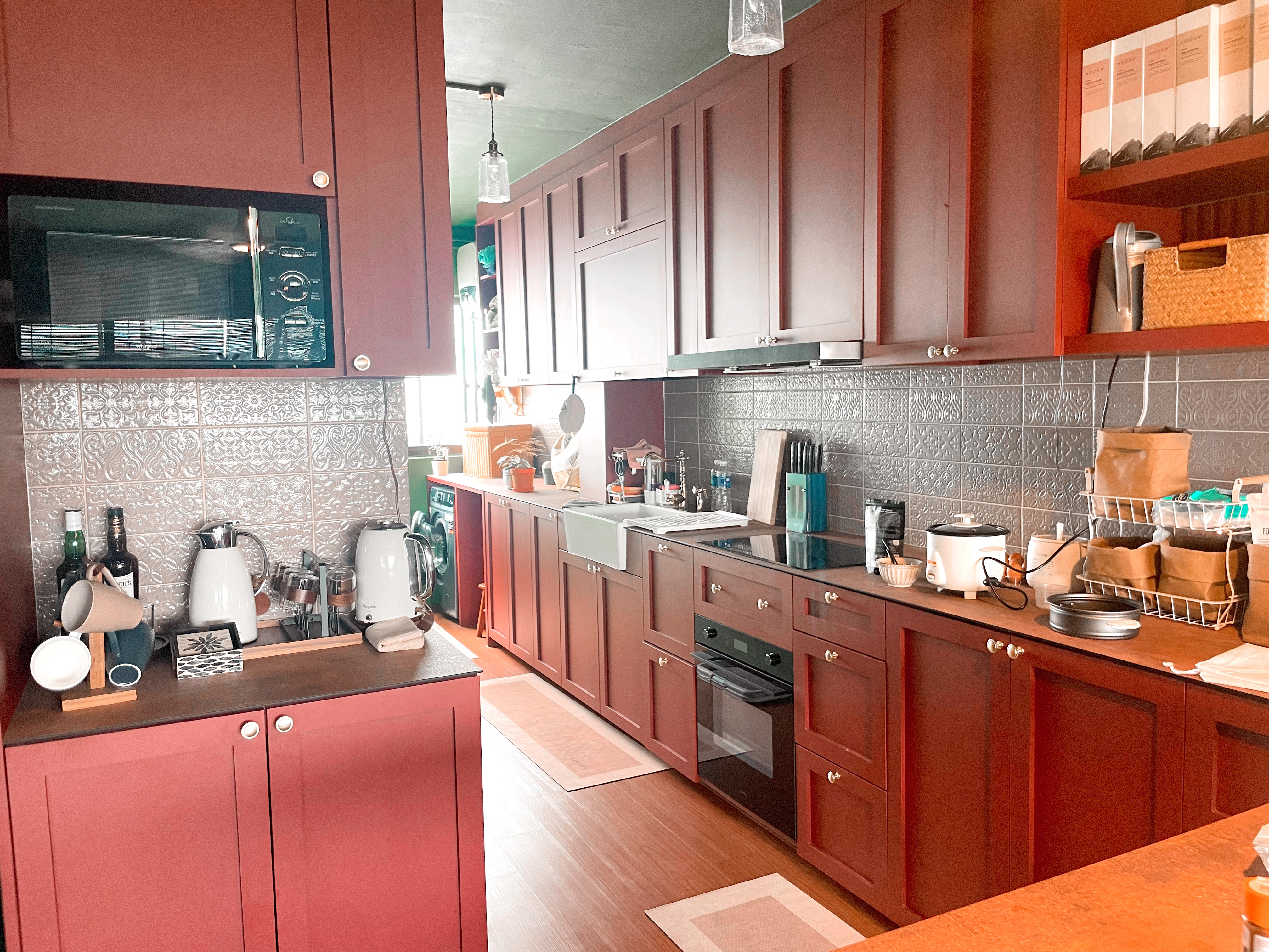 Bold and Unique: Our Open Kitchen with an Unconventional Color Palette - Red kitchen cabinetry, modern appliances, stainless