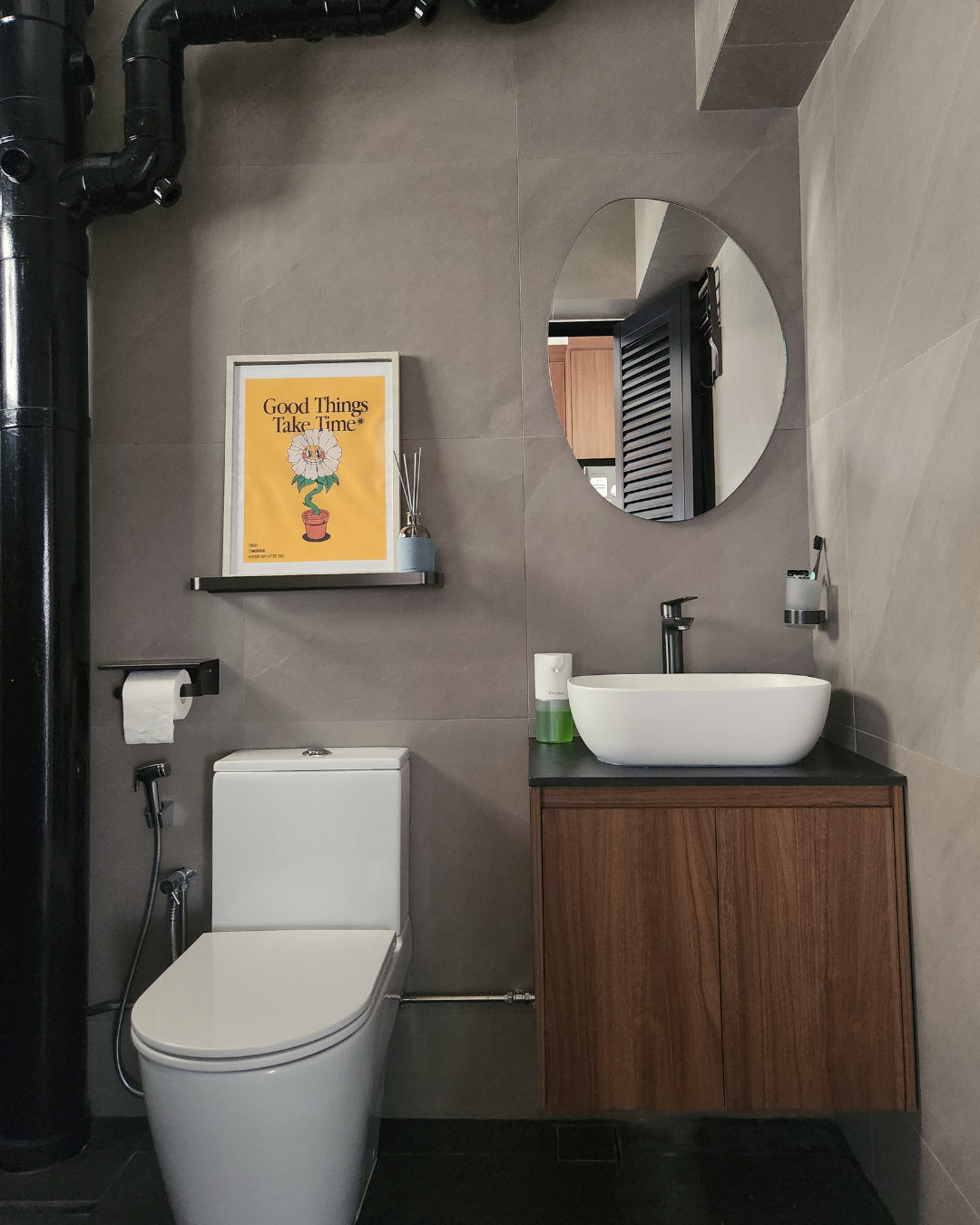 One aspect that we would redo for our toilets - Modern minimalist bathroom, sleek design, contemporary decor, stylish