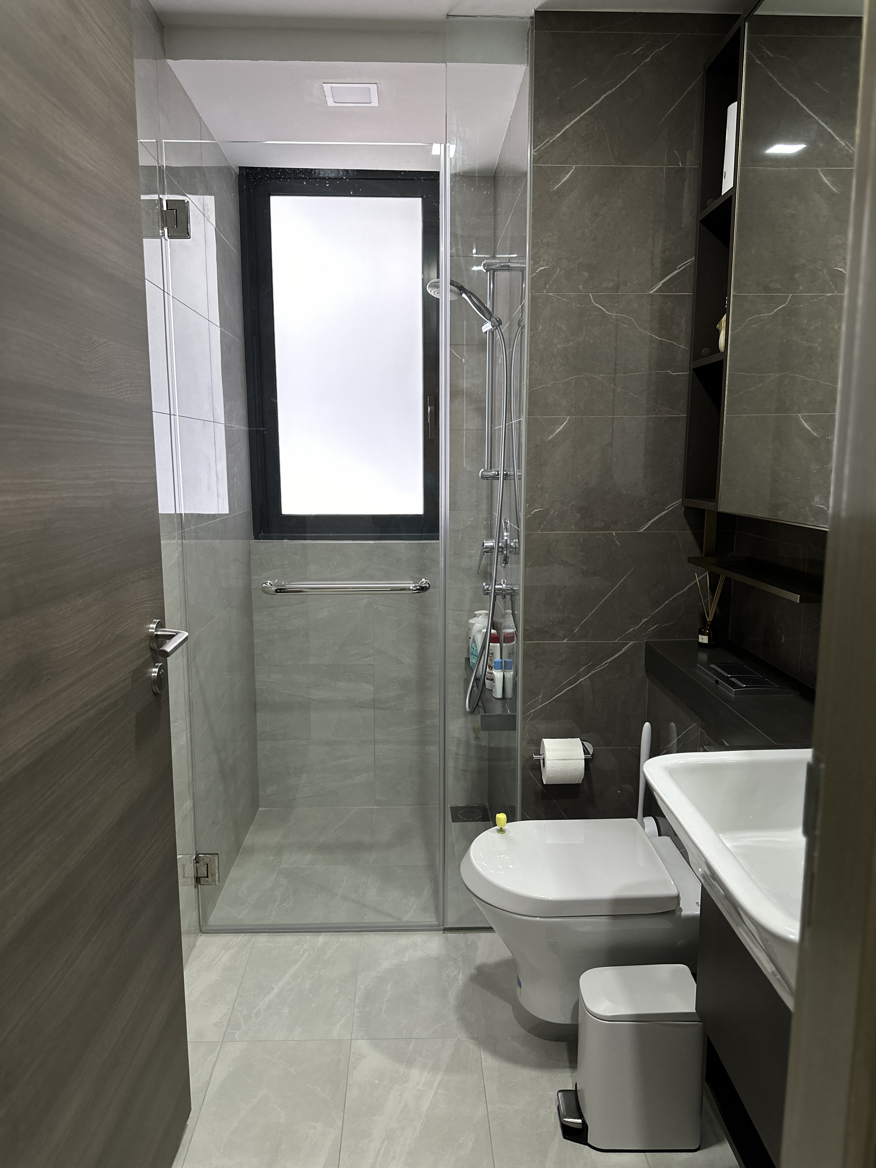 Minimalist Bathroom with a touch of mindfulness 🌿 - Modern bathroom with sleek design, glass shower enclosure, dark gray
