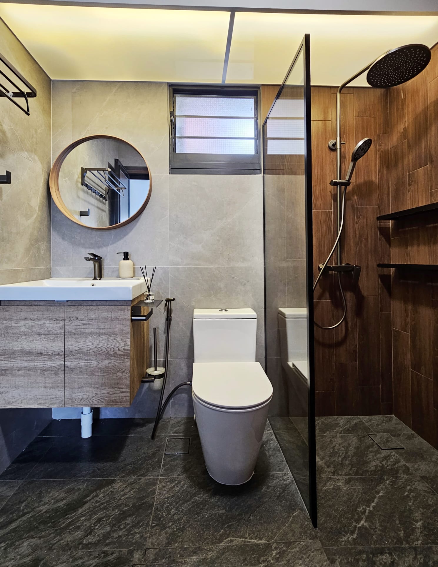 Keeping our Master Vanity Untouched - Modern bathroom with sleek design, beige and brown tones, round mirror, wooden