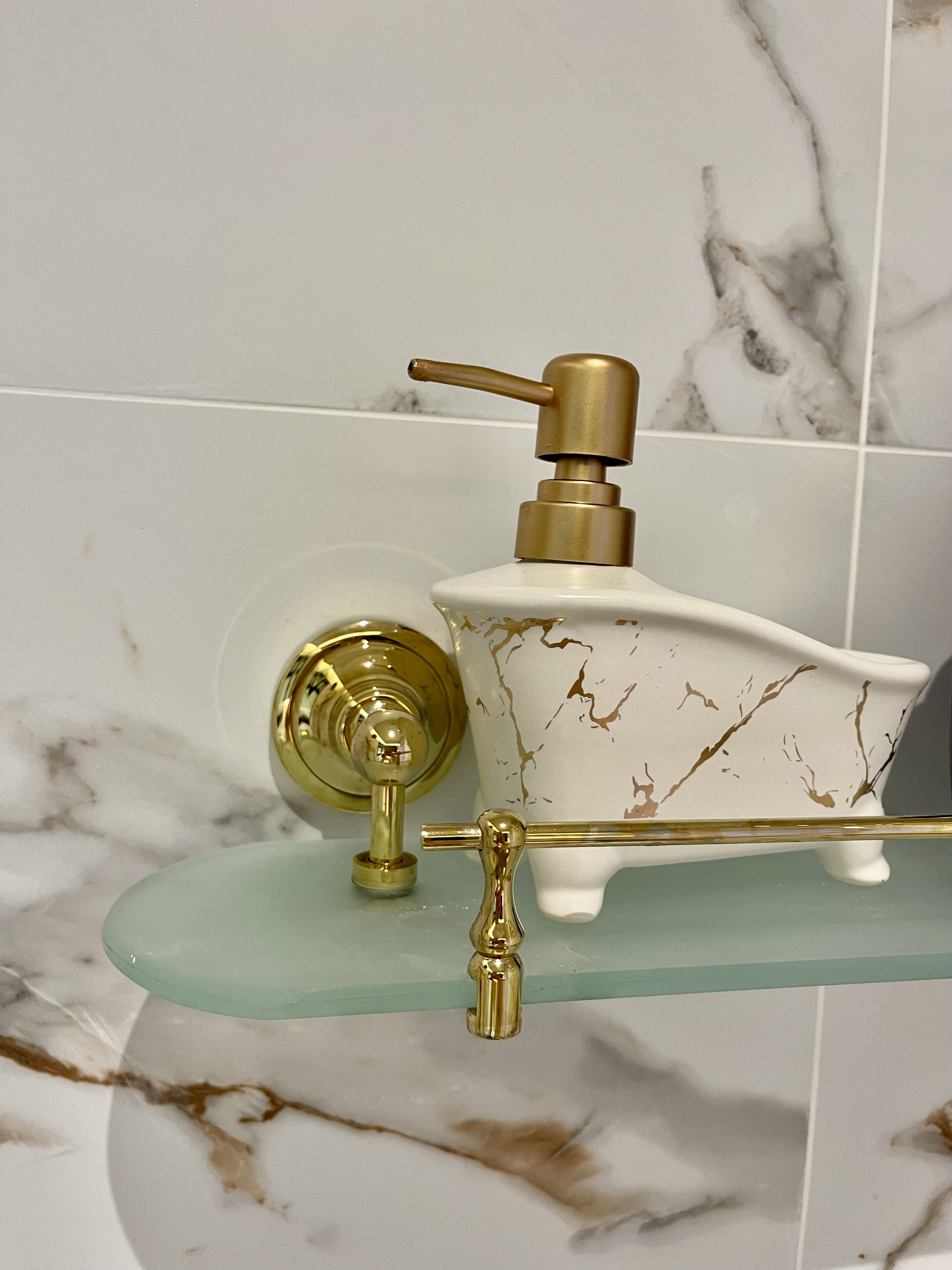 Our Bathroom Sanctuaries: A Concealed Luxe Master Ensuite VS Resort - gold faucet, marble tiles, bathroom vanity, elegant
