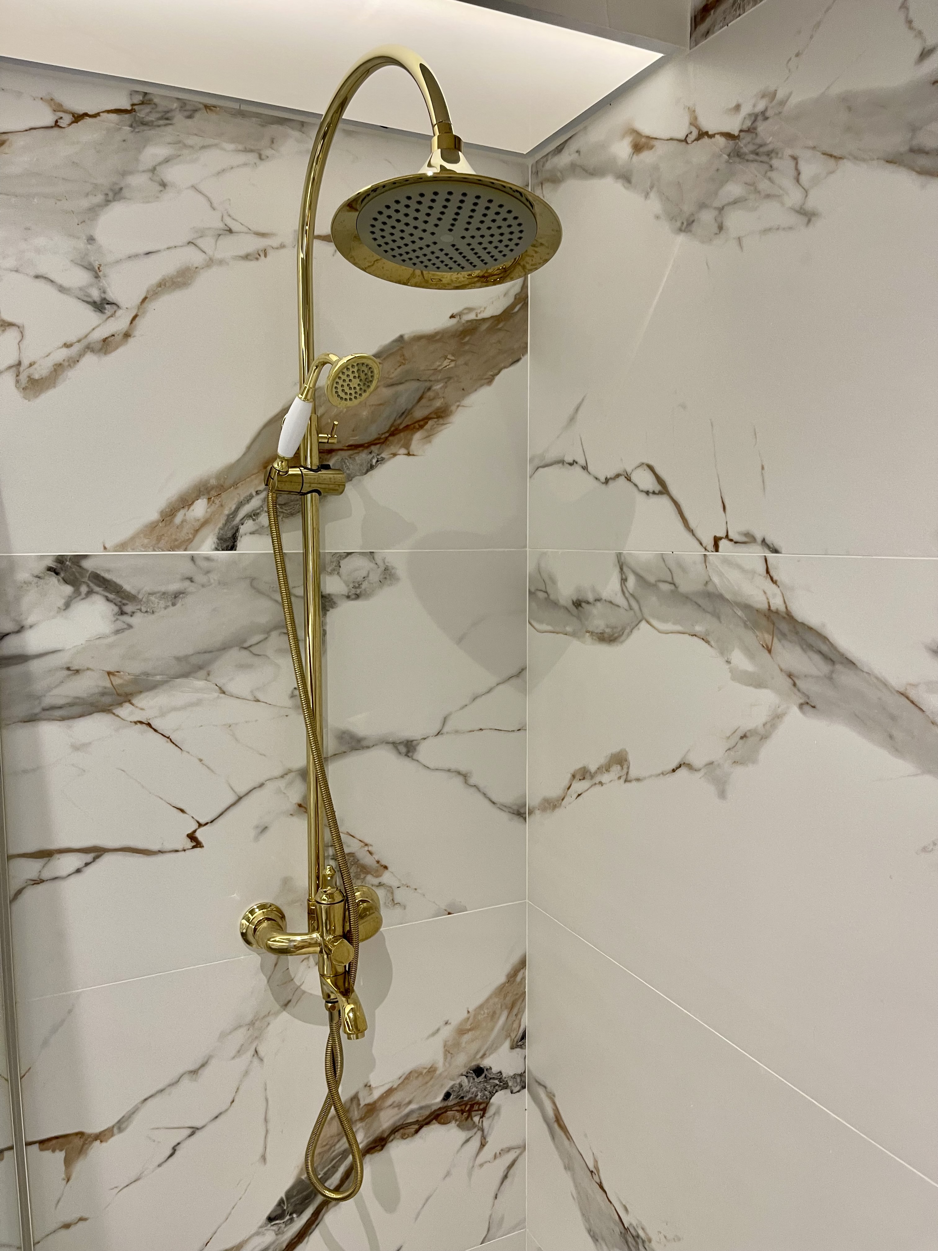 Our Bathroom Sanctuaries: A Concealed Luxe Master Ensuite VS Resort - Golden shower head, marble wall, elegant design, modern