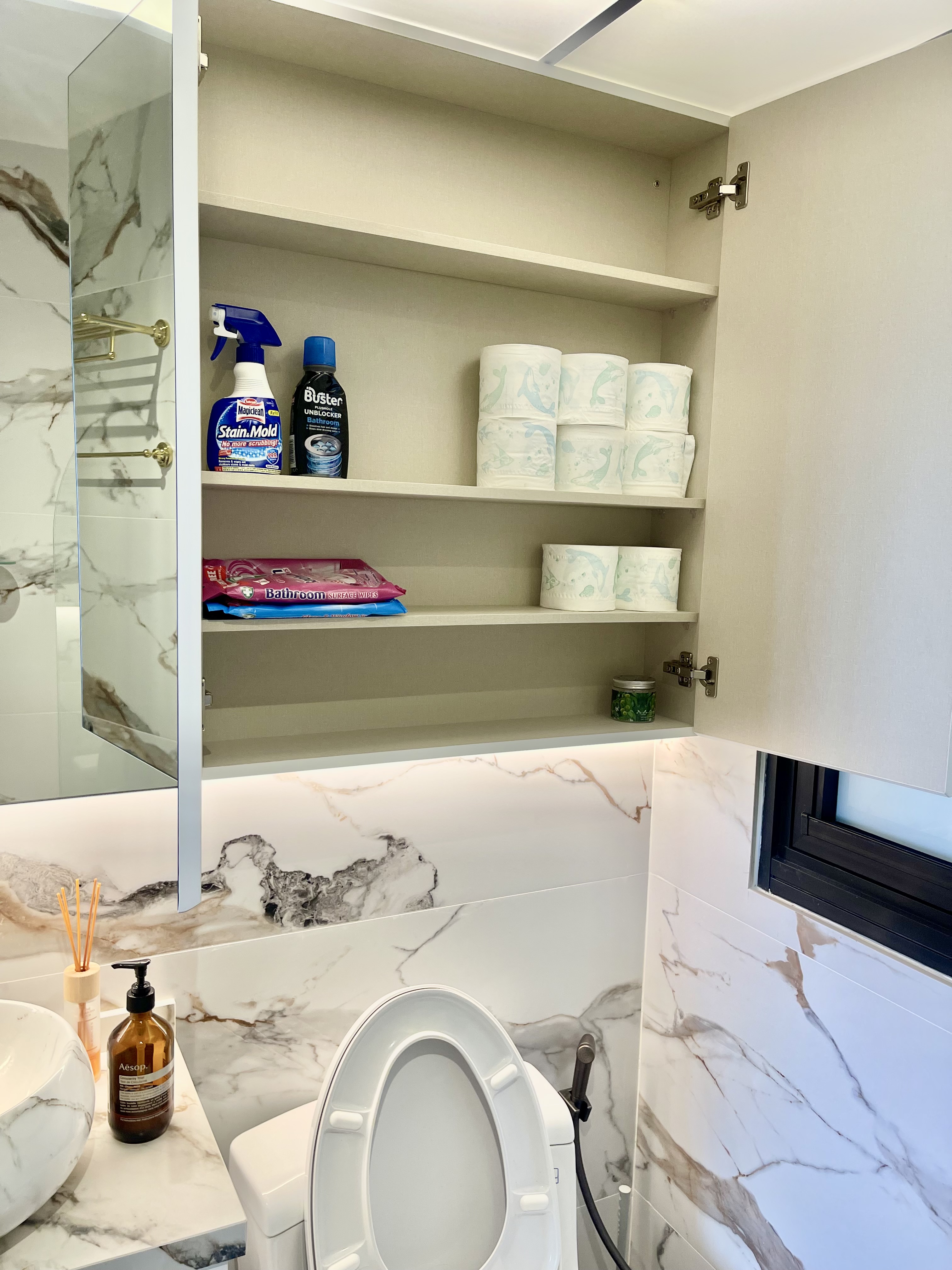 Our Bathroom Sanctuaries: A Concealed Luxe Master Ensuite VS Resort - Bathroom shelves, marble backsplash, toilet paper