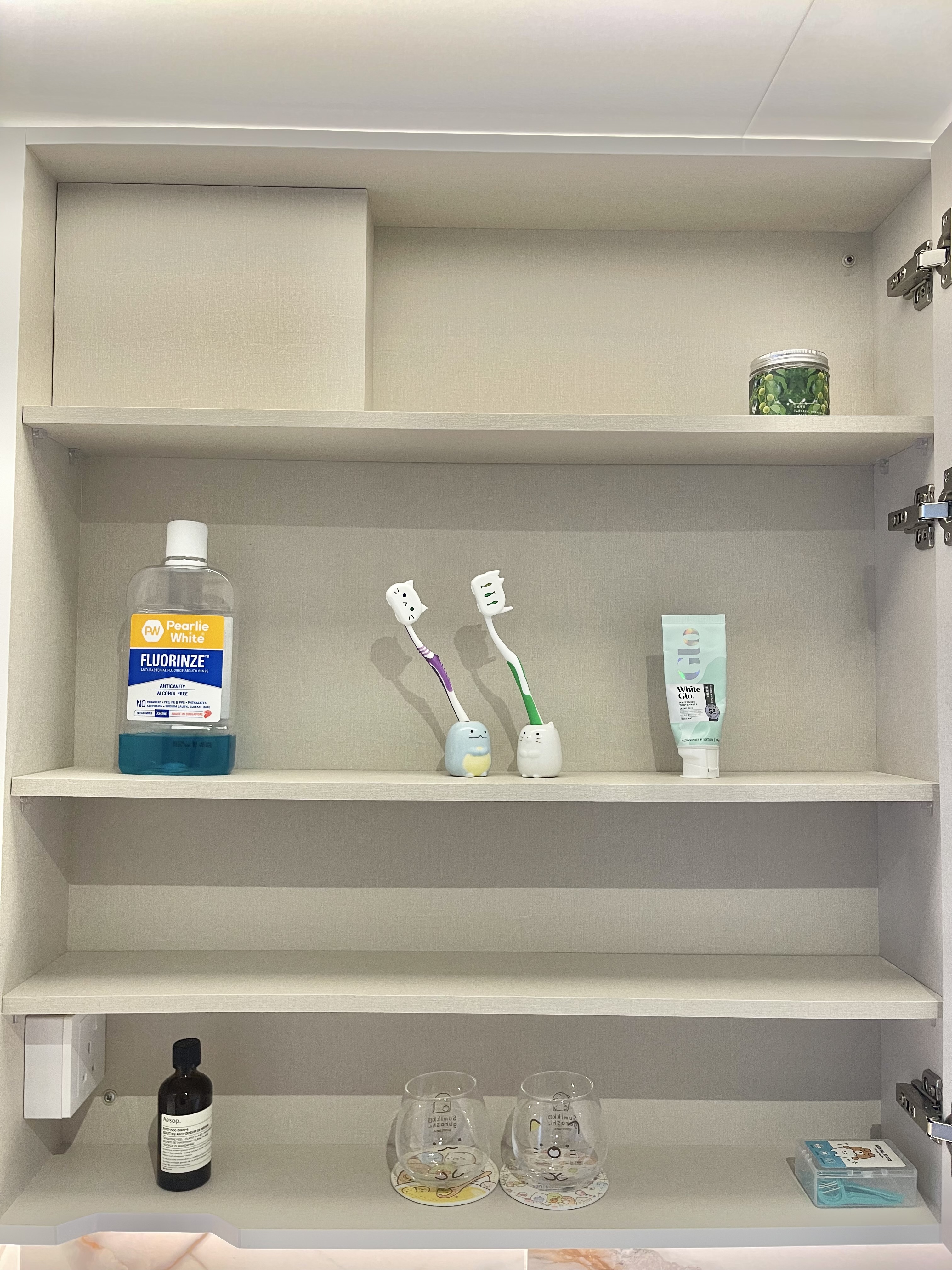 Our Bathroom Sanctuaries: A Concealed Luxe Master Ensuite VS Resort - Fluorinize mouthwash, Crest toothbrush, Green tea tea