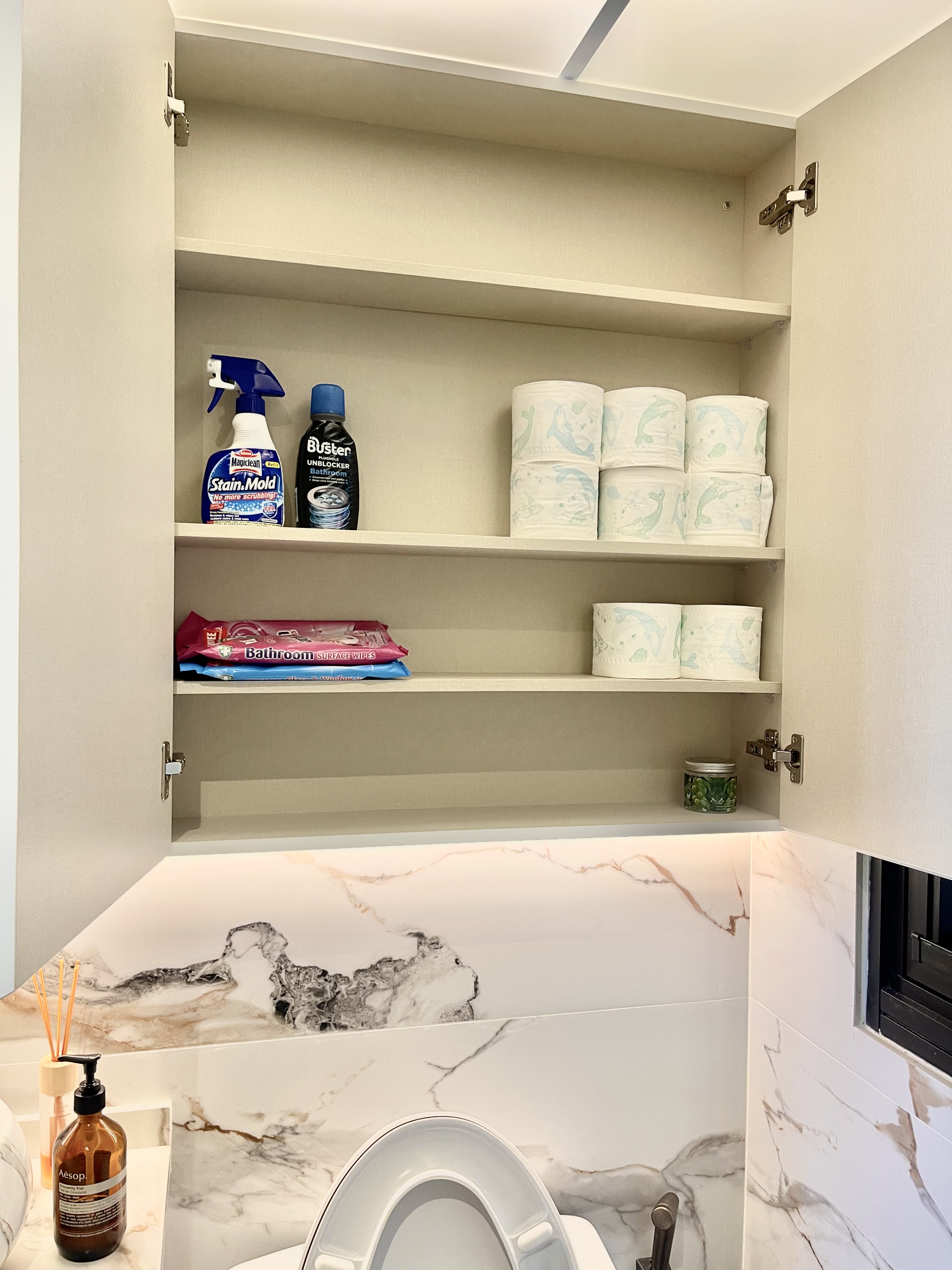 Our Bathroom Sanctuaries: A Concealed Luxe Master Ensuite VS Resort - Bathroom cabinet, open shelf, toilet paper, toilet