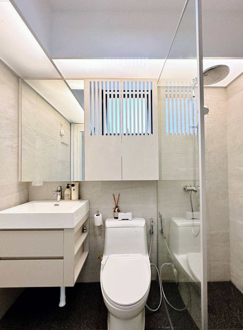 Our Master Bathroom: Fluted mirror storage cabinet!  - White bathroom with modern design, sleek sink and mirror, built-in