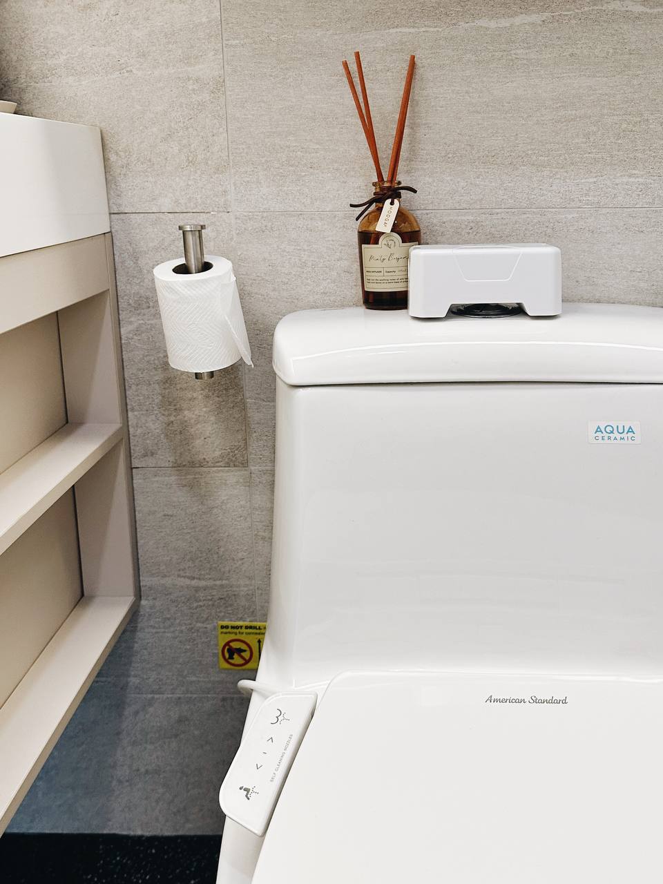 Our Master Bathroom: Fluted mirror storage cabinet!  - White toilet, American Standard, toilet paper holder, toilet tank