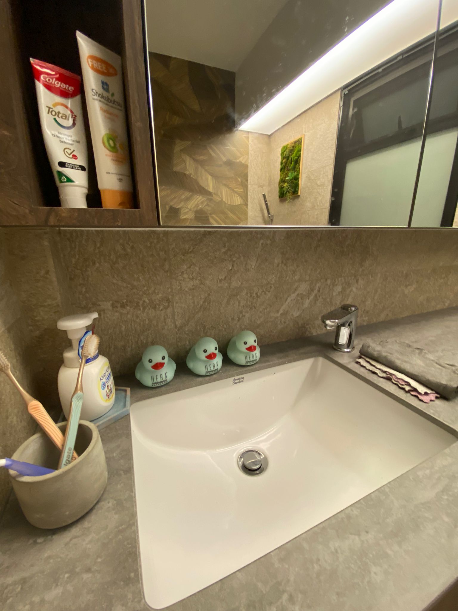 Our bathrooms: Resort-style relaxing sanctuaries - Toothbrush holder, toothbrush, toothpaste, soap dispenser, green rubber