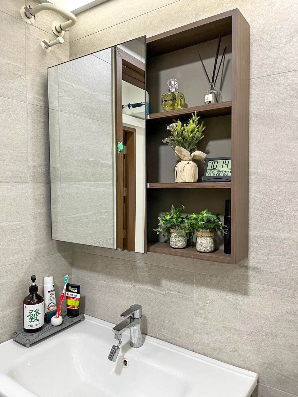 Simple and Calm Minimalist Toilet - Bathroom vanity, open shelf, wooden cabinet, bathroom sink, white sink, modern design