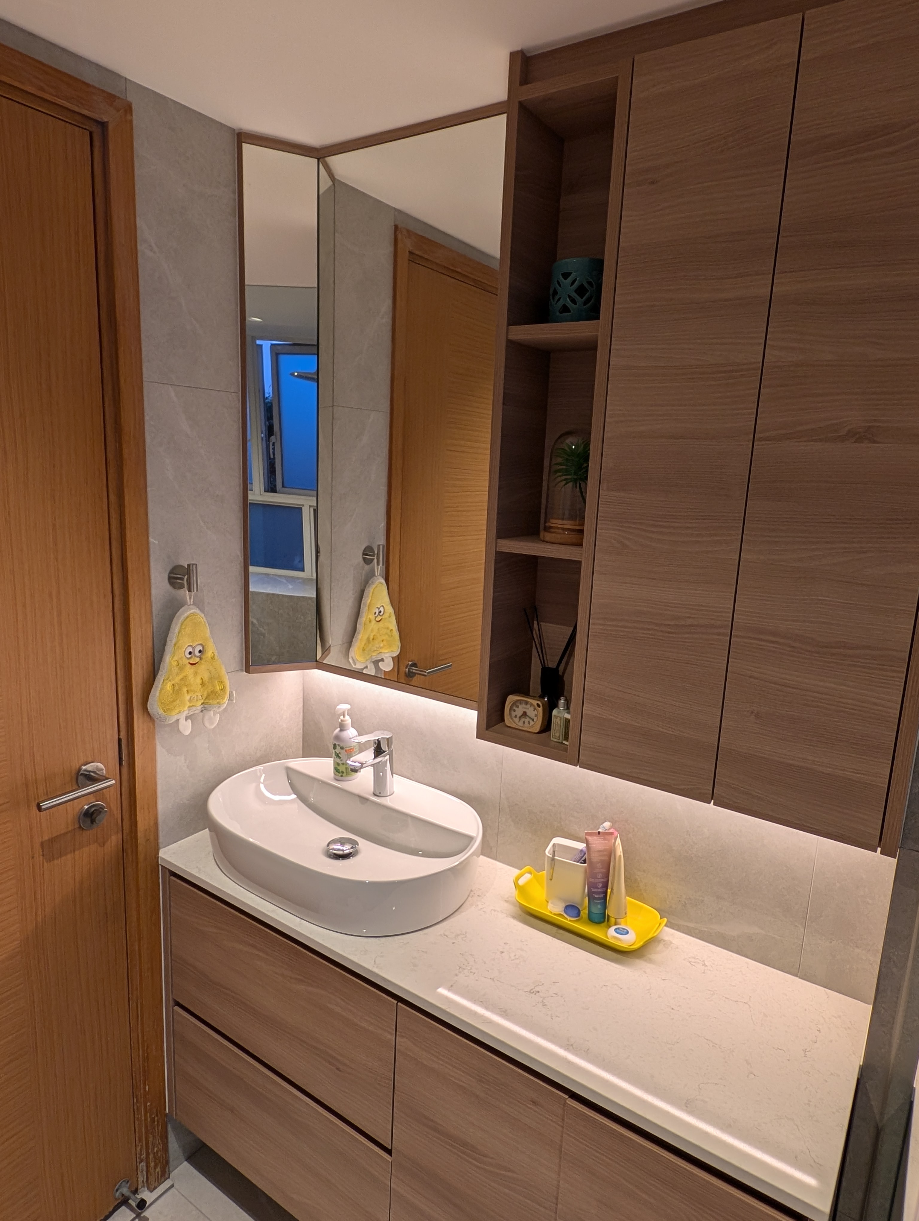 We had a bathtub but dumped it! 🛁 - Wooden bathroom vanity, white sink, modern design, wooden cabinets, mirror, towel rack