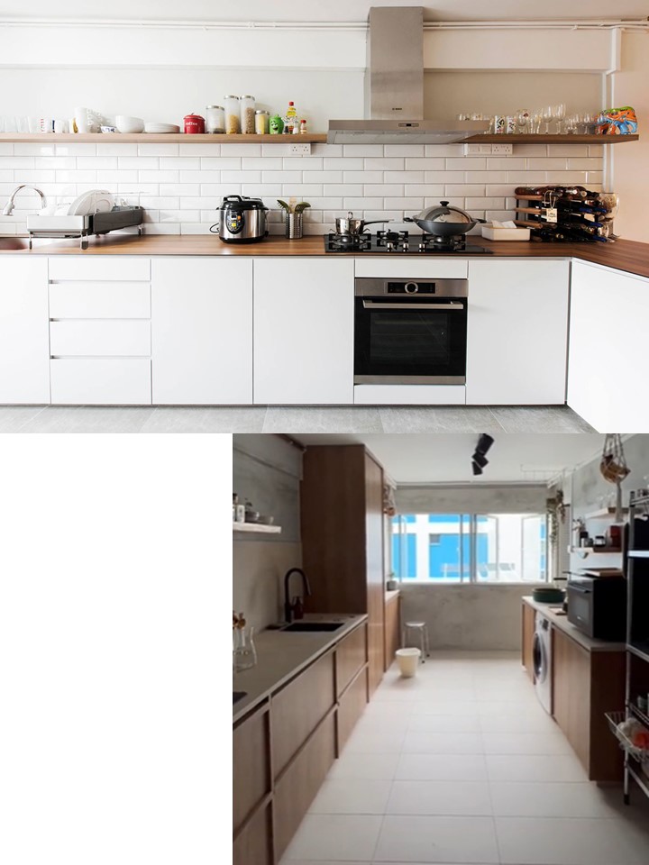 the moodboard that birthed our 3D renderings (kitchen) - White kitchen with modern appliances, wooden countertops, stainless