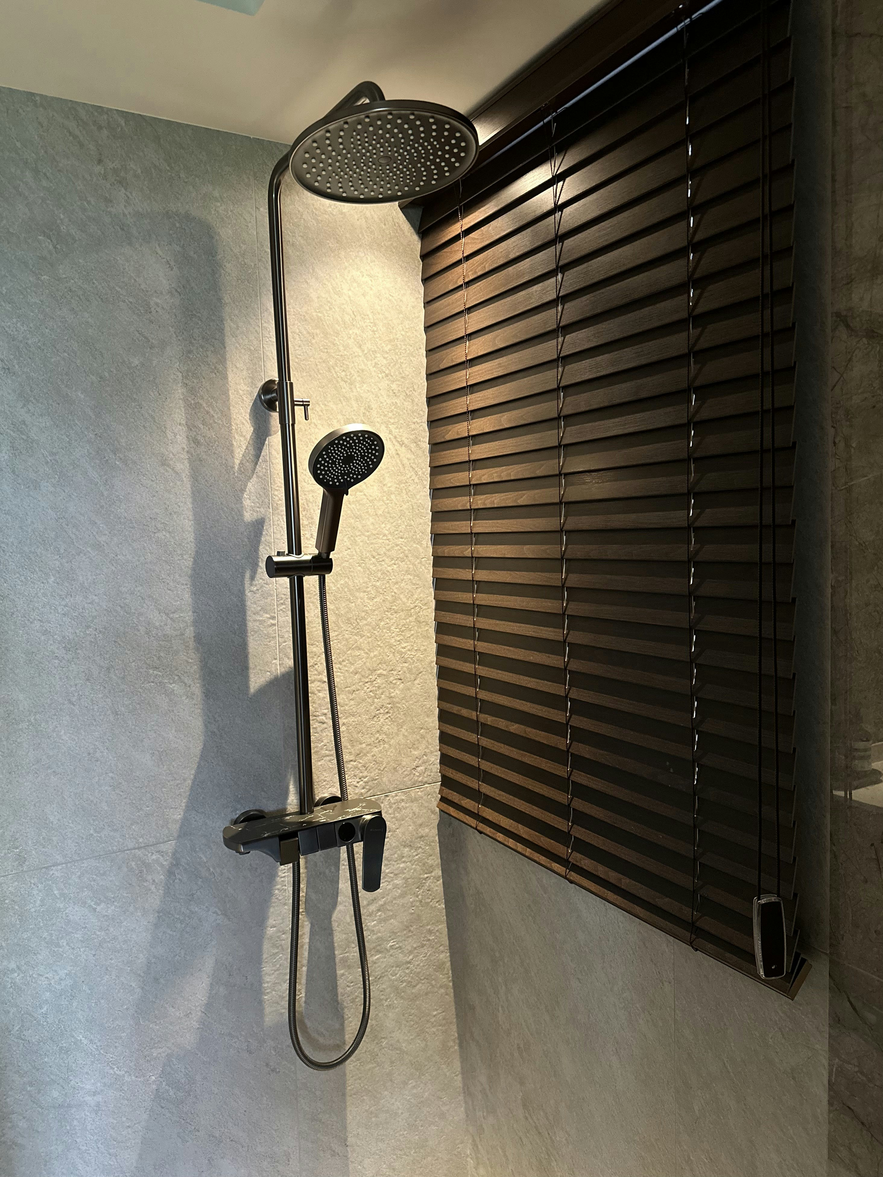 Our Bathroom: Egg-Shaped Toilet Bowl, Modern Blinds, and Full Box-Up - Modern shower fixture, sleek design, dual shower