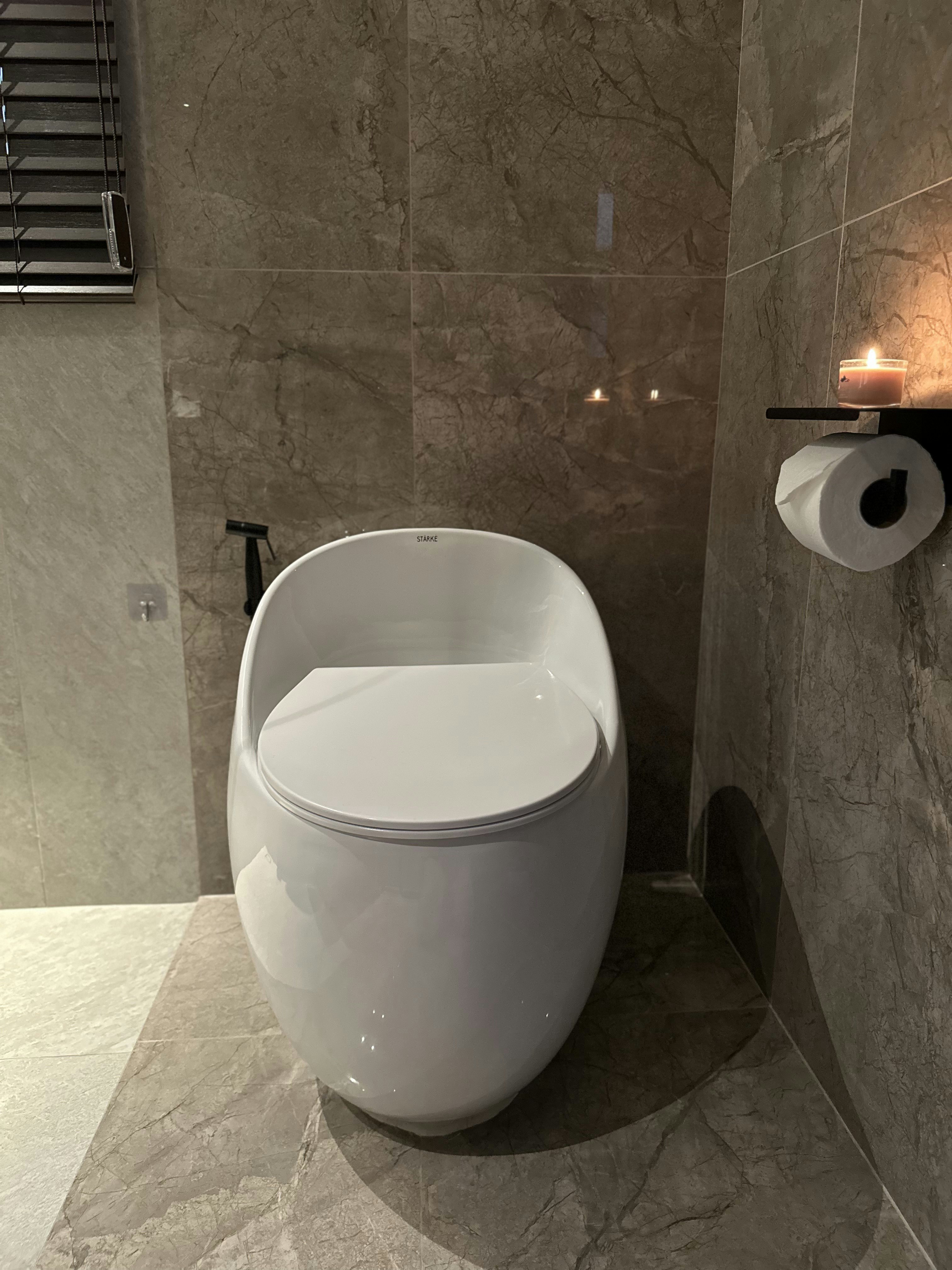 Our Bathroom: Egg-Shaped Toilet Bowl, Modern Blinds, and Full Box-Up - Modern bathroom with sleek white toilet, marble tiles