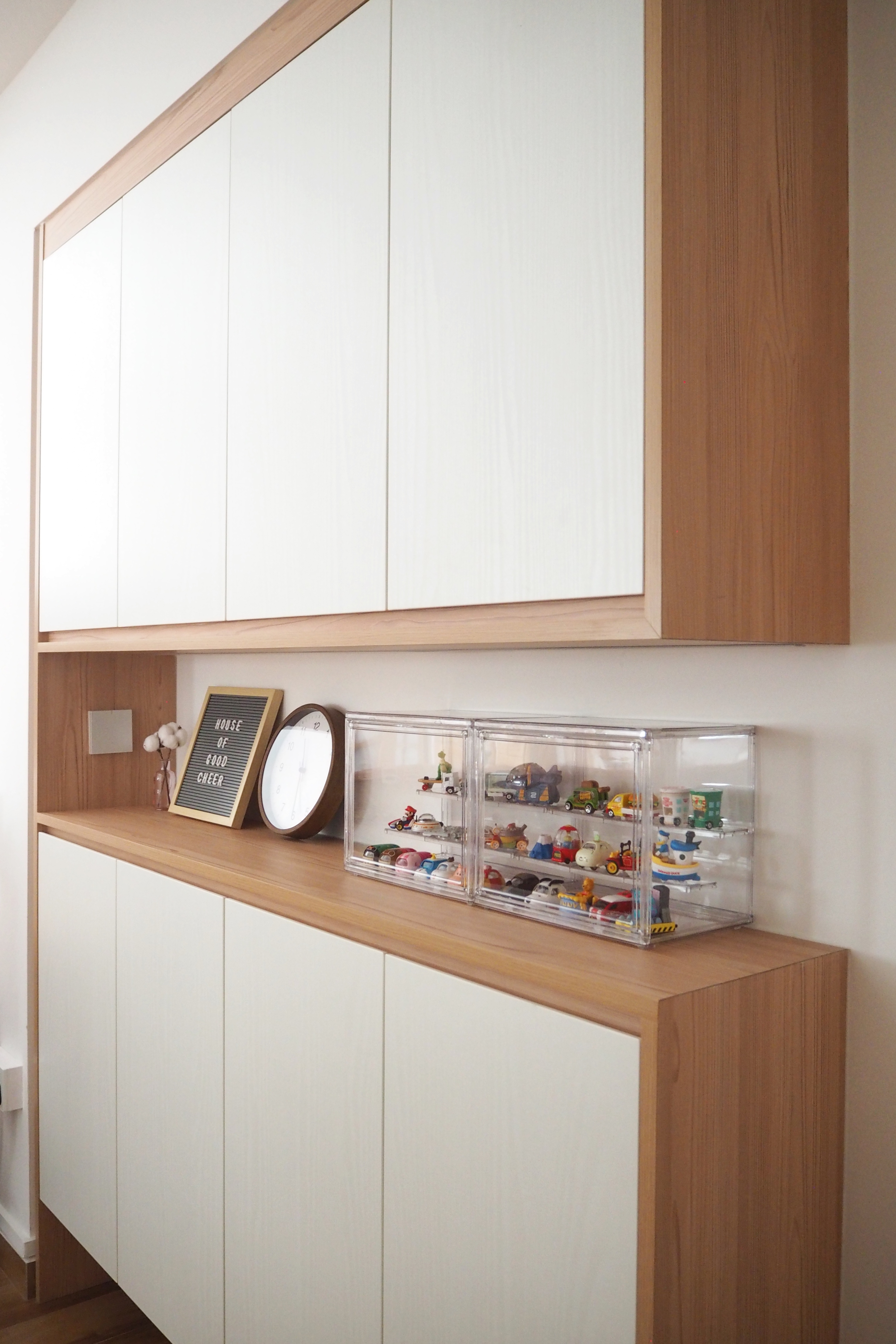 Our top renovation decision to tackle dust and clutter - Wooden cabinet, white upper cabinets, minimalist design, floating