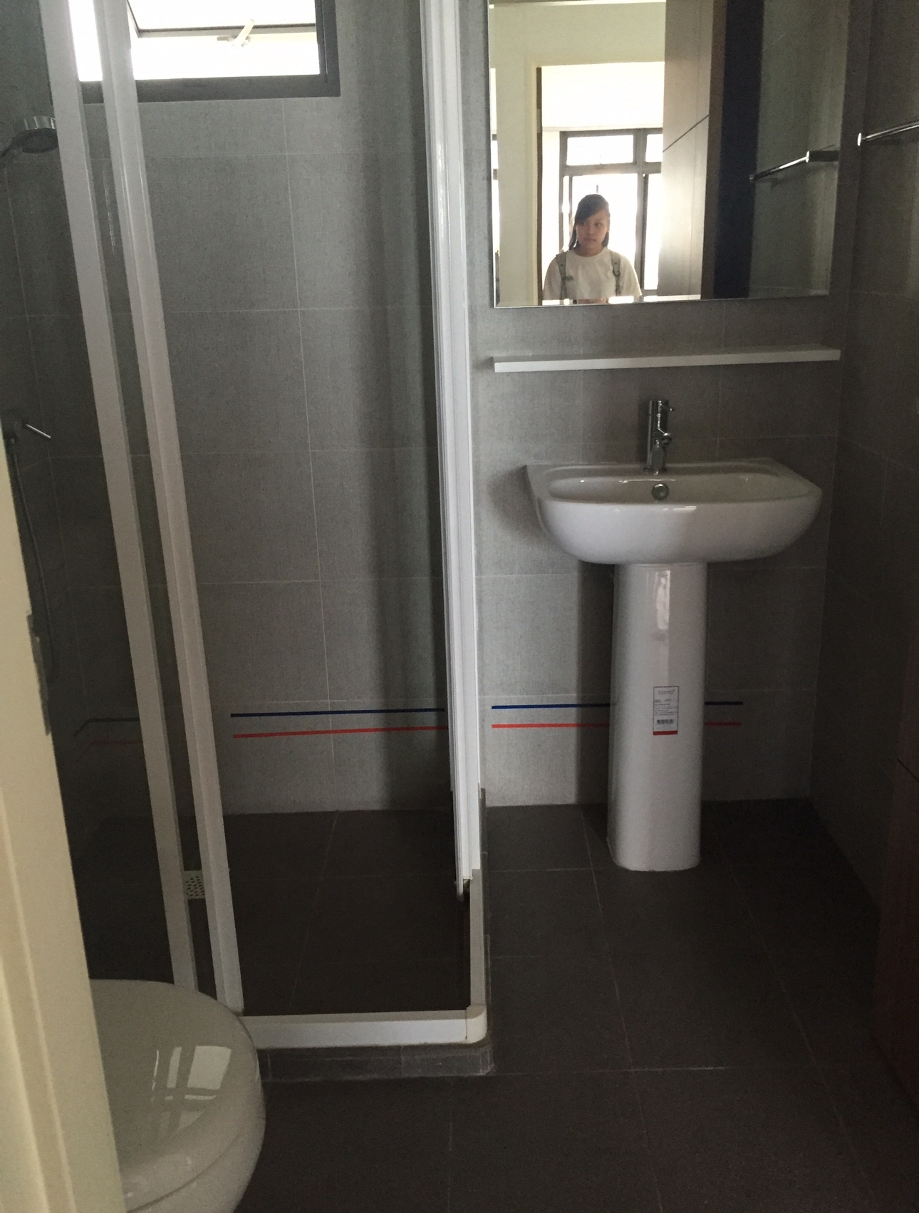 Our Standard Toilet That Came With Our DBSS: How We Spruced It Up ✨ - Shower room with modern fixtures, gray tiled walls