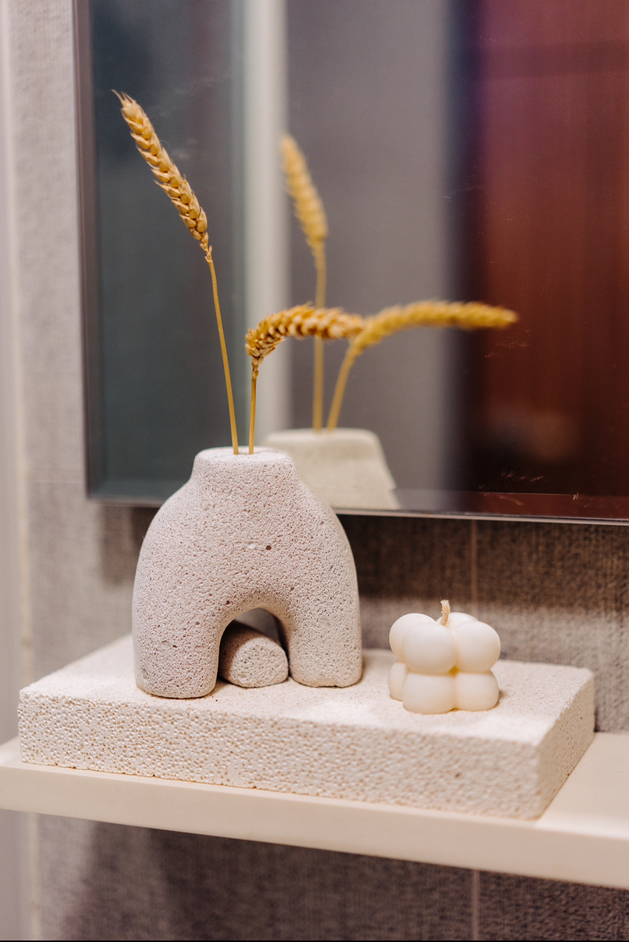 Our Standard Toilet That Came With Our DBSS: How We Spruced It Up ✨ - stone vase, wheat stalks, natural light, textured