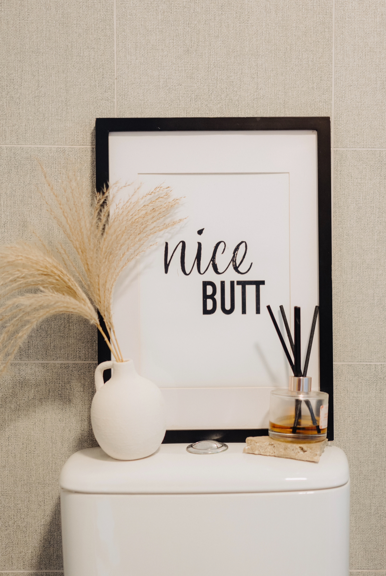 Our Standard Toilet That Came With Our DBSS: How We Spruced It Up ✨ - White toilet, beige textured wall, framed picture