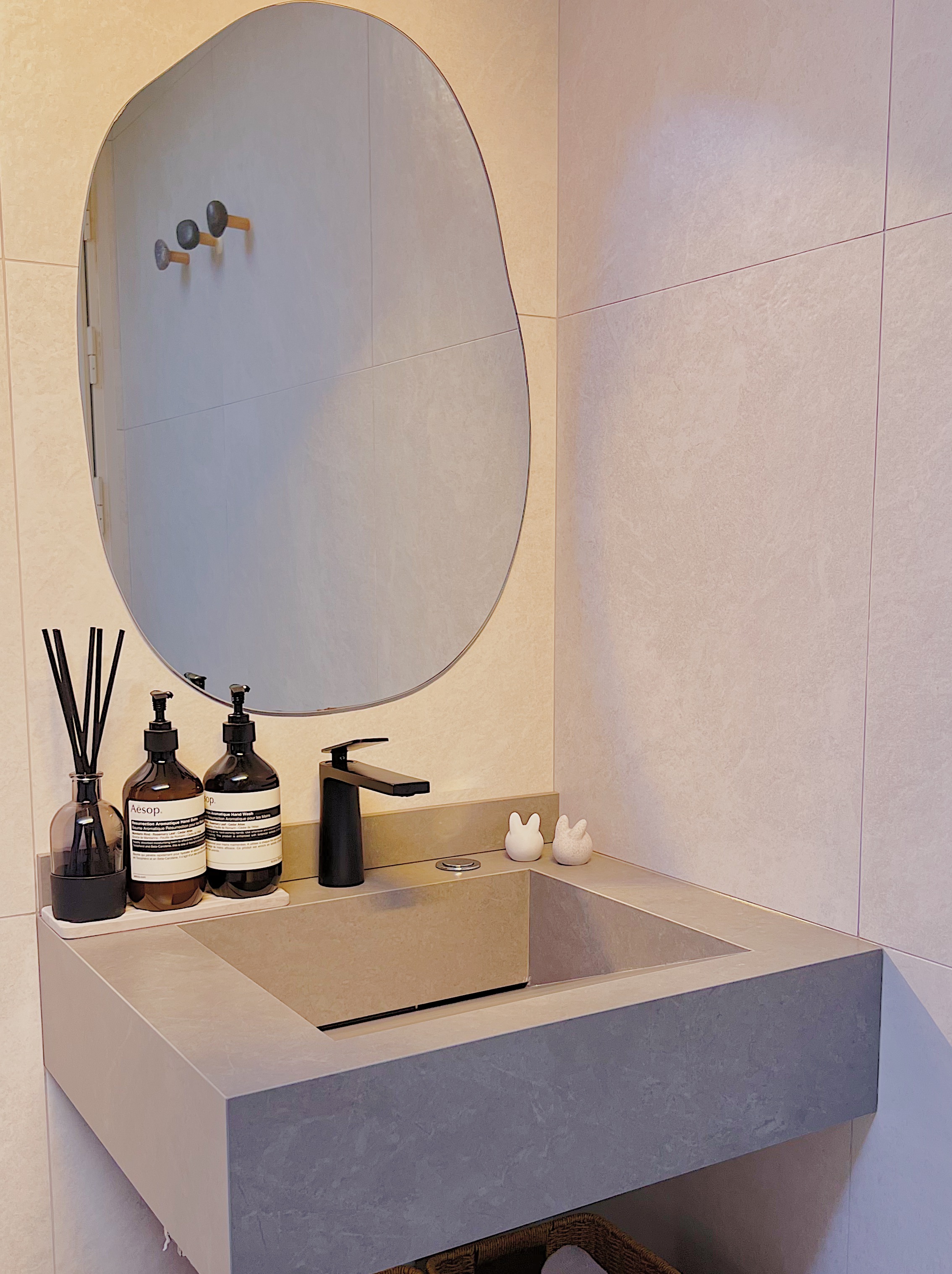 Sunrise or Sunset? Your choice in our Bathroom! - modern bathroom vanity, minimalist design, floating sink, gray countertop