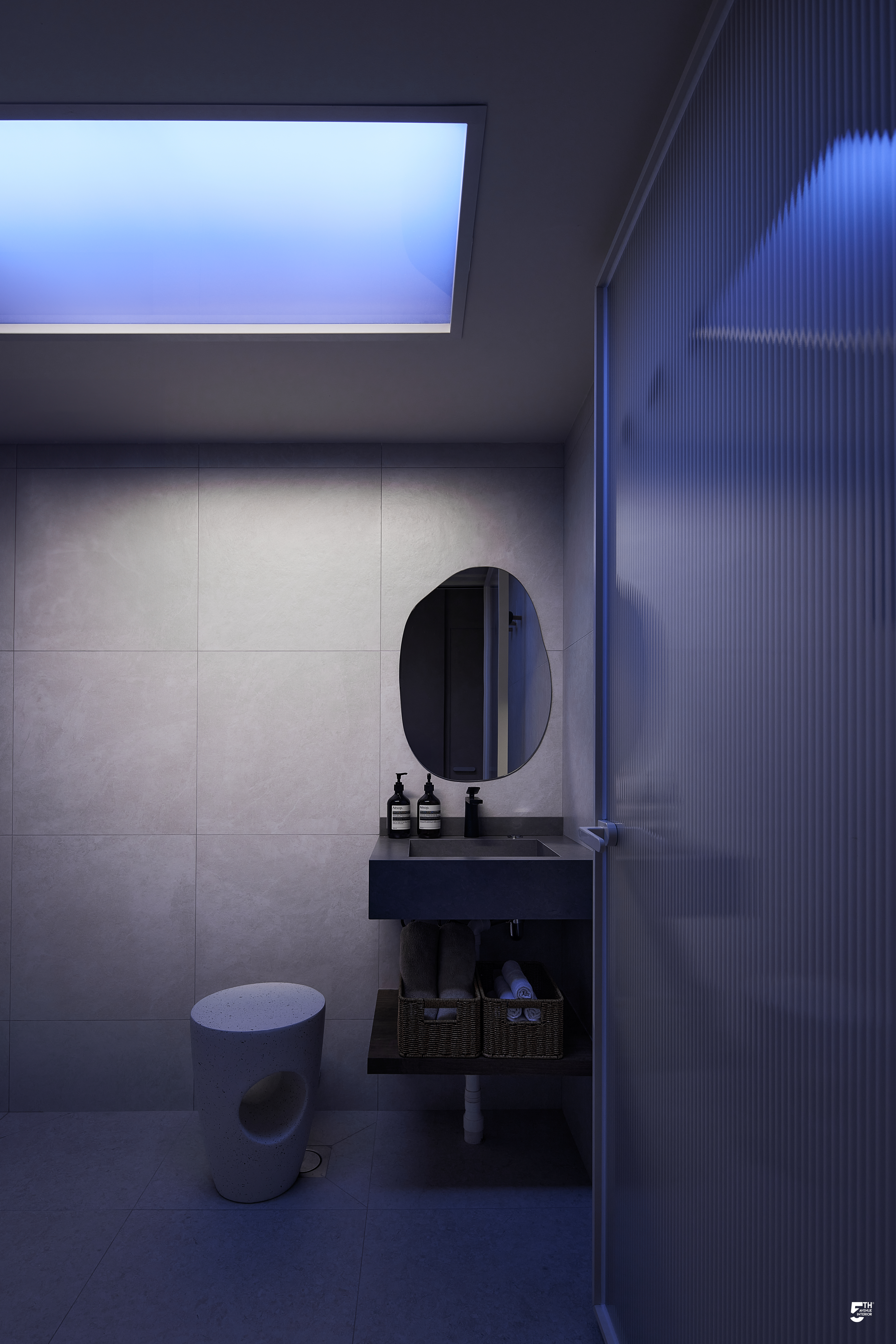 Sunrise or Sunset? Your choice in our Bathroom! - Modern minimalist bathroom, sleek design, blue ambient lighting