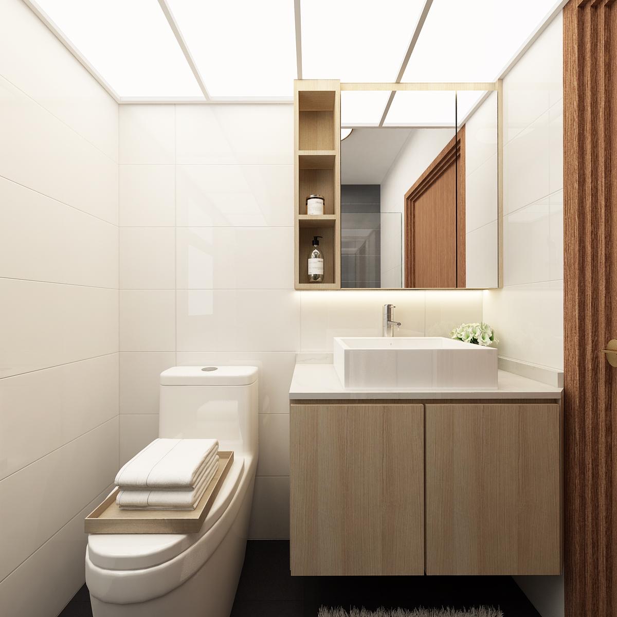 Budget Toilet Renovation Under $1K!! 🛀🏼 - White bathroom with modern design, wooden cabinets, sleek sink, white toilet