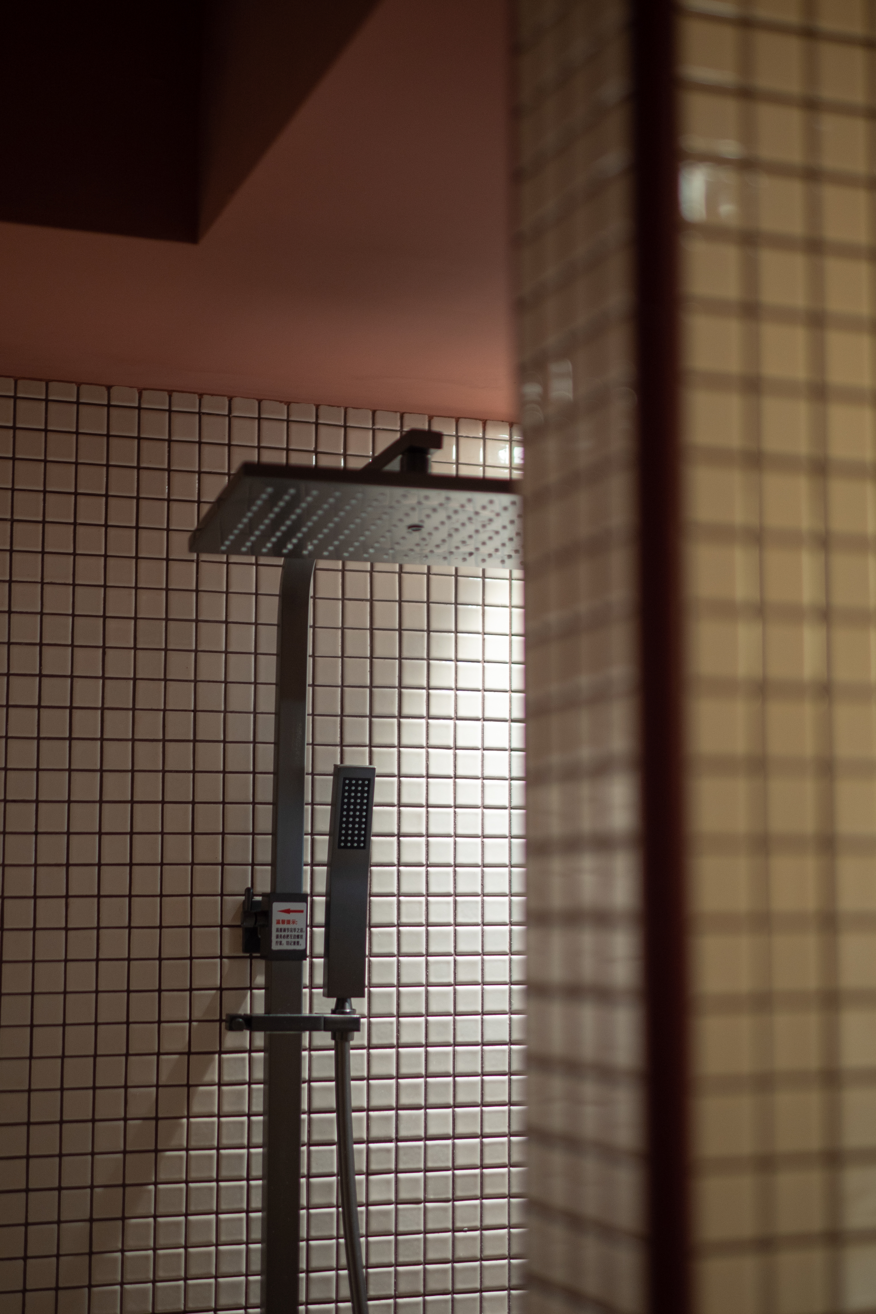 Mosaic Bathroom: Bold and Quirky with Retro Vibes and Modern Flair - shower head, tiled wall, modern design, metal structure