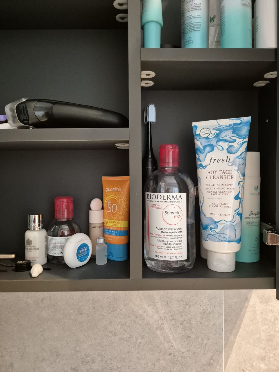 Bathroom Battle - Gunmetal vs Matte Black - Soy face cleanser, Bioderma Sensibio H2O, Virgin Skin Care, Virgin Skin Care SPF