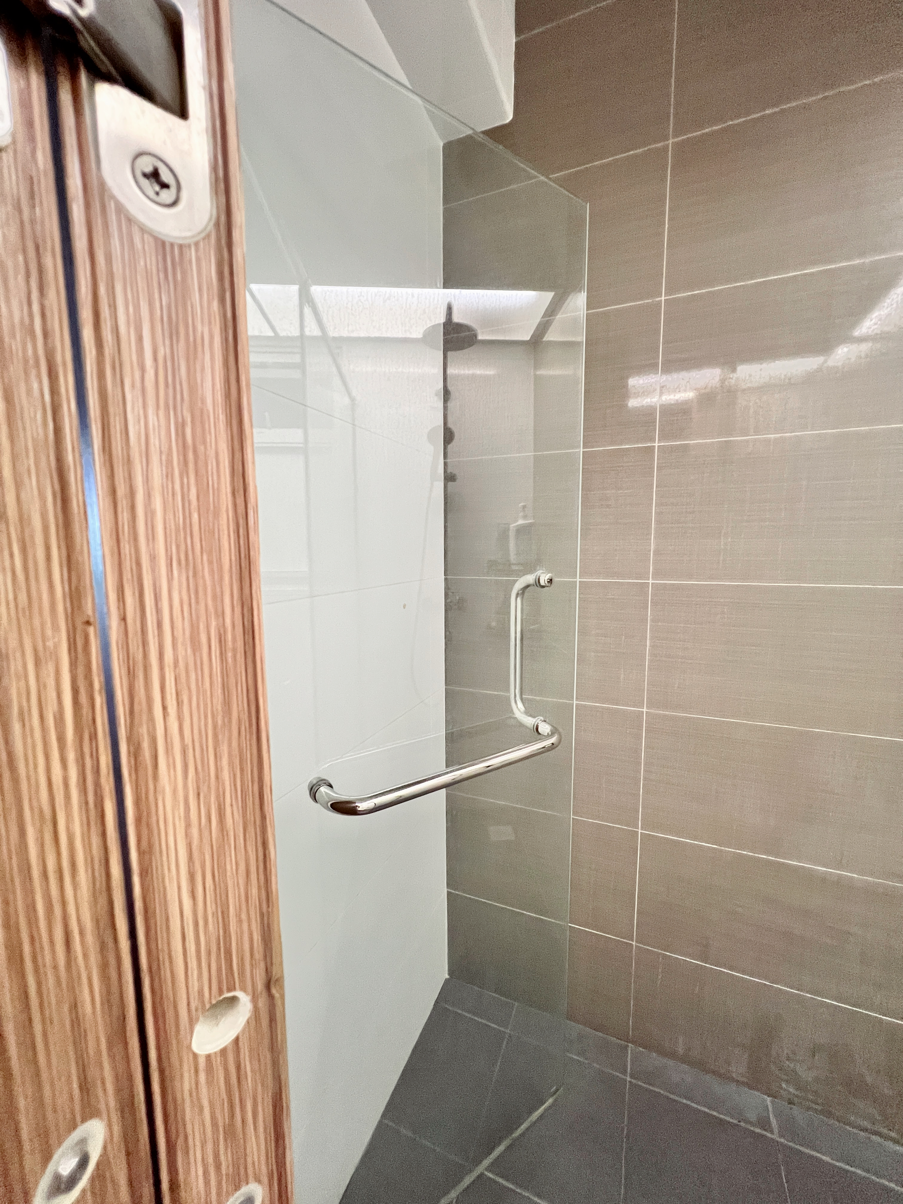 Budget Toilet Renovation Under $1K!! 🛀🏼 - Glass shower enclosure, wooden door, metal grab bar, tiled walls, modern
