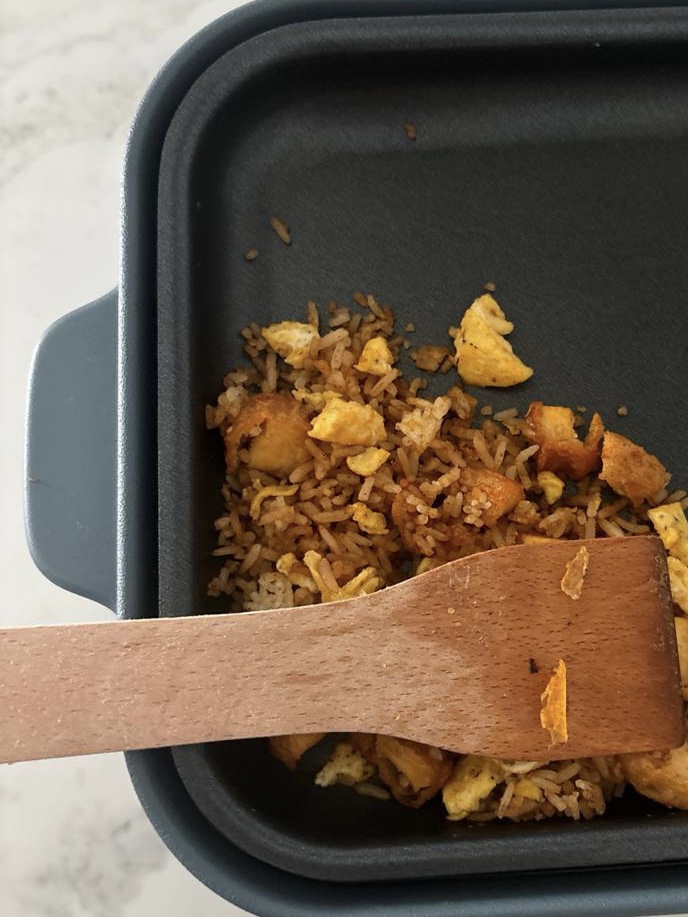 Non-regrets: best home investment decisions!  - Grilled rice, scrambled eggs, fried chicken, brown rice, crispy fried egg