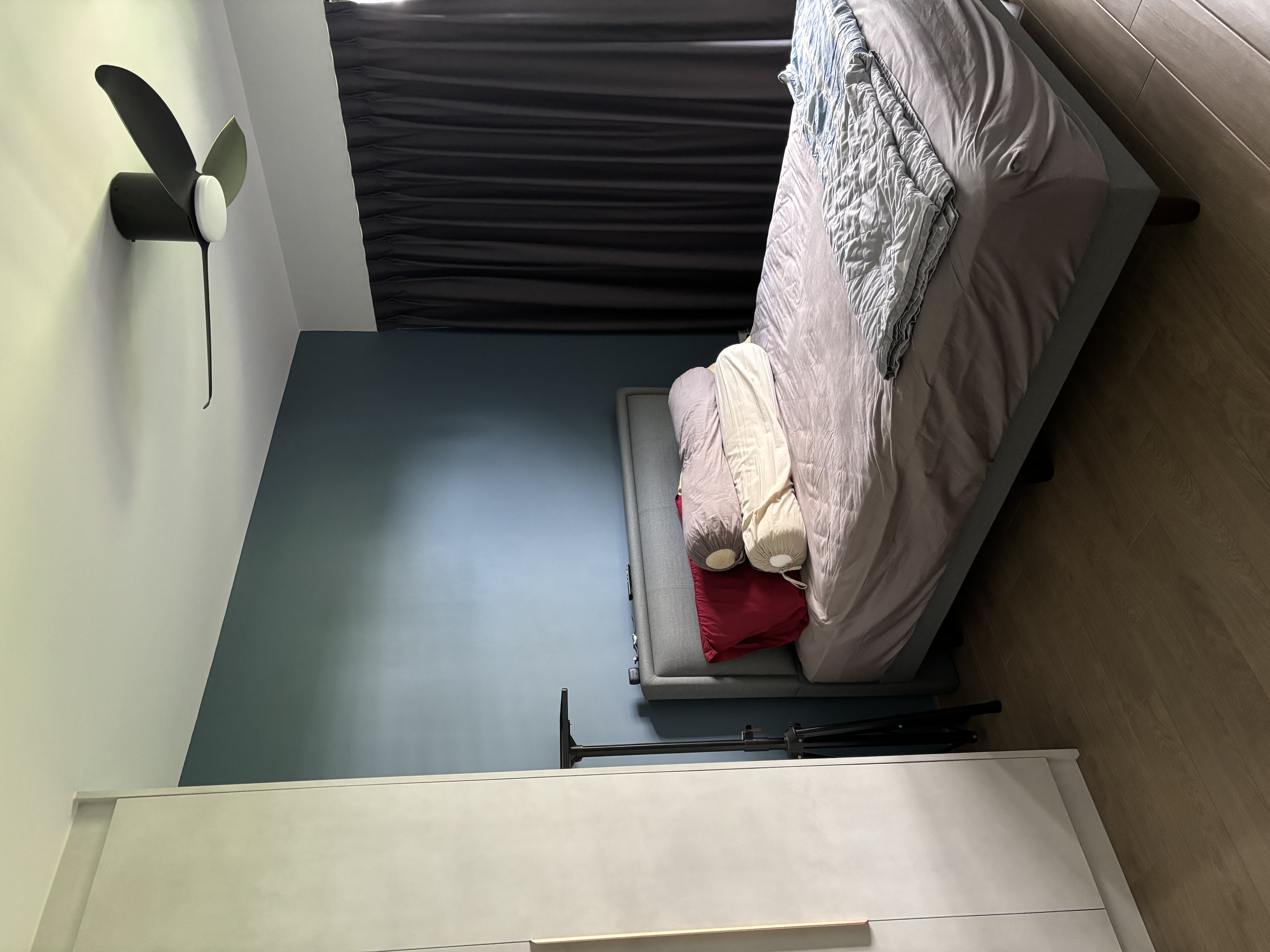 Best of both worlds: 2 differently-styled bathrooms - modern bedroom, cozy bed, gray and white bedding, soft lighting