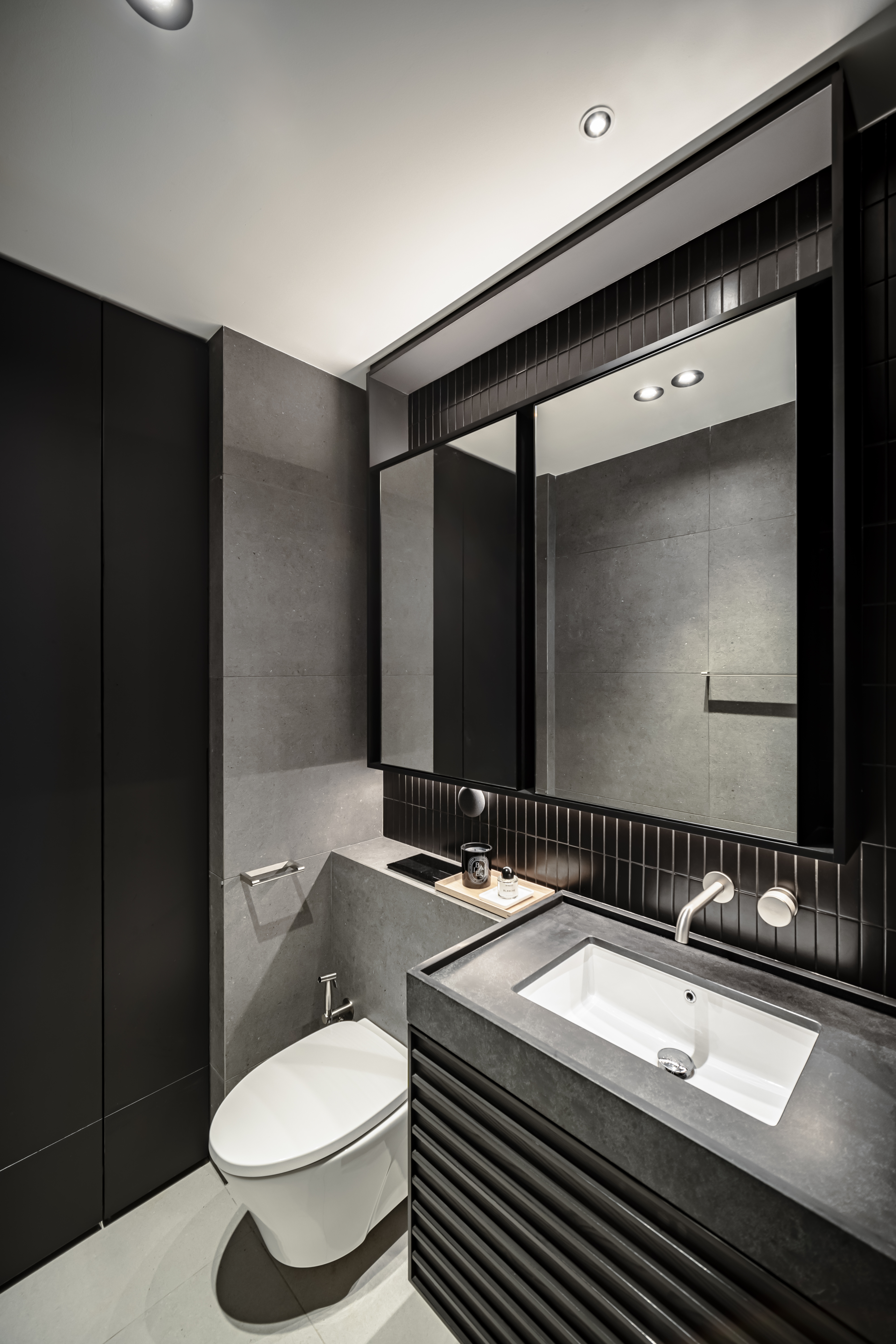 Luxe Loo: Our Bathroom Glow-Up (And We Hacked Down One Shower!) - Modern minimalist bathroom, sleek design, dark gray tiles