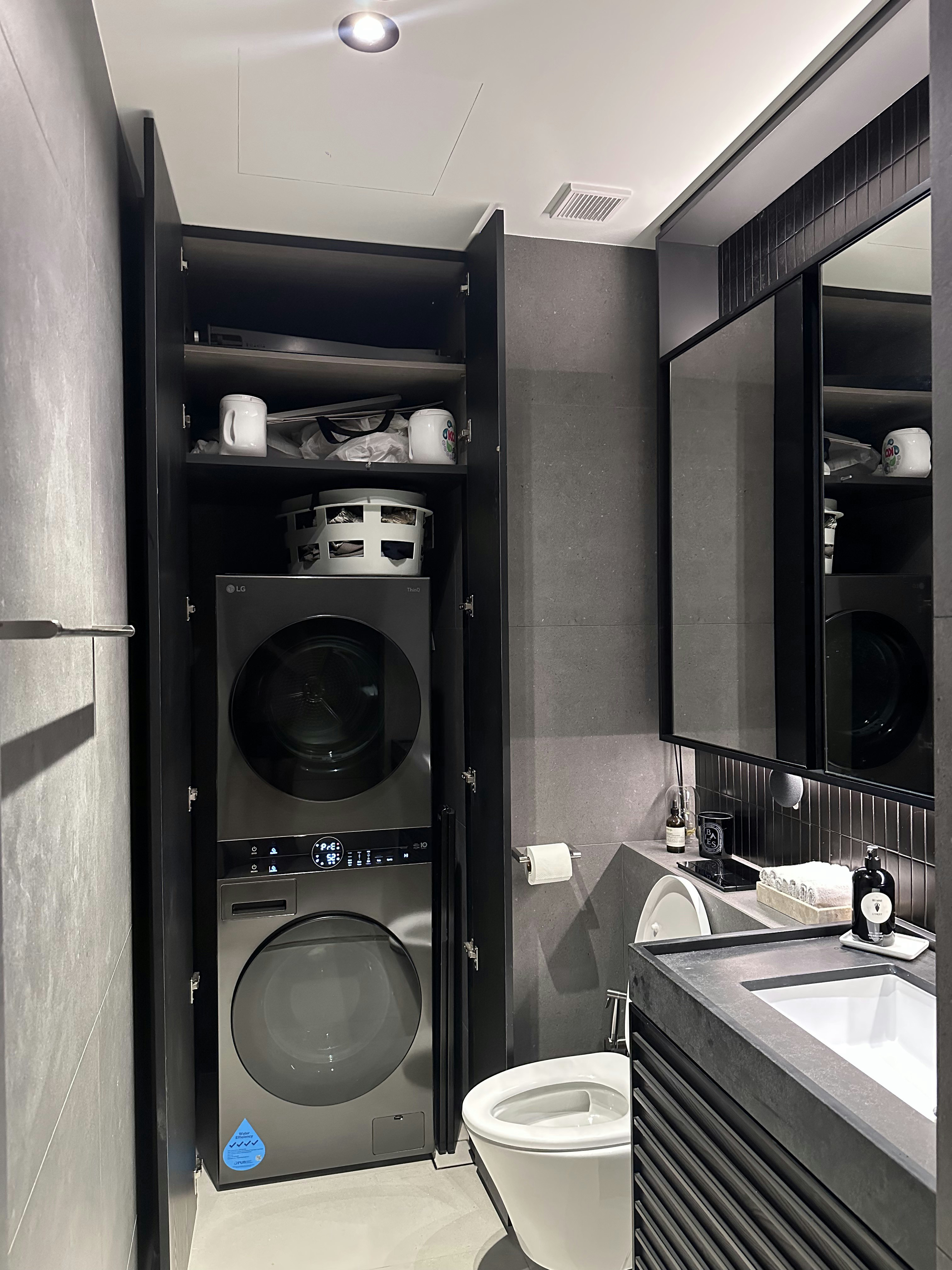 Luxe Loo: Our Bathroom Glow-Up (And We Hacked Down One Shower!) - Modern bathroom with built-in washer and dryer, sleek black