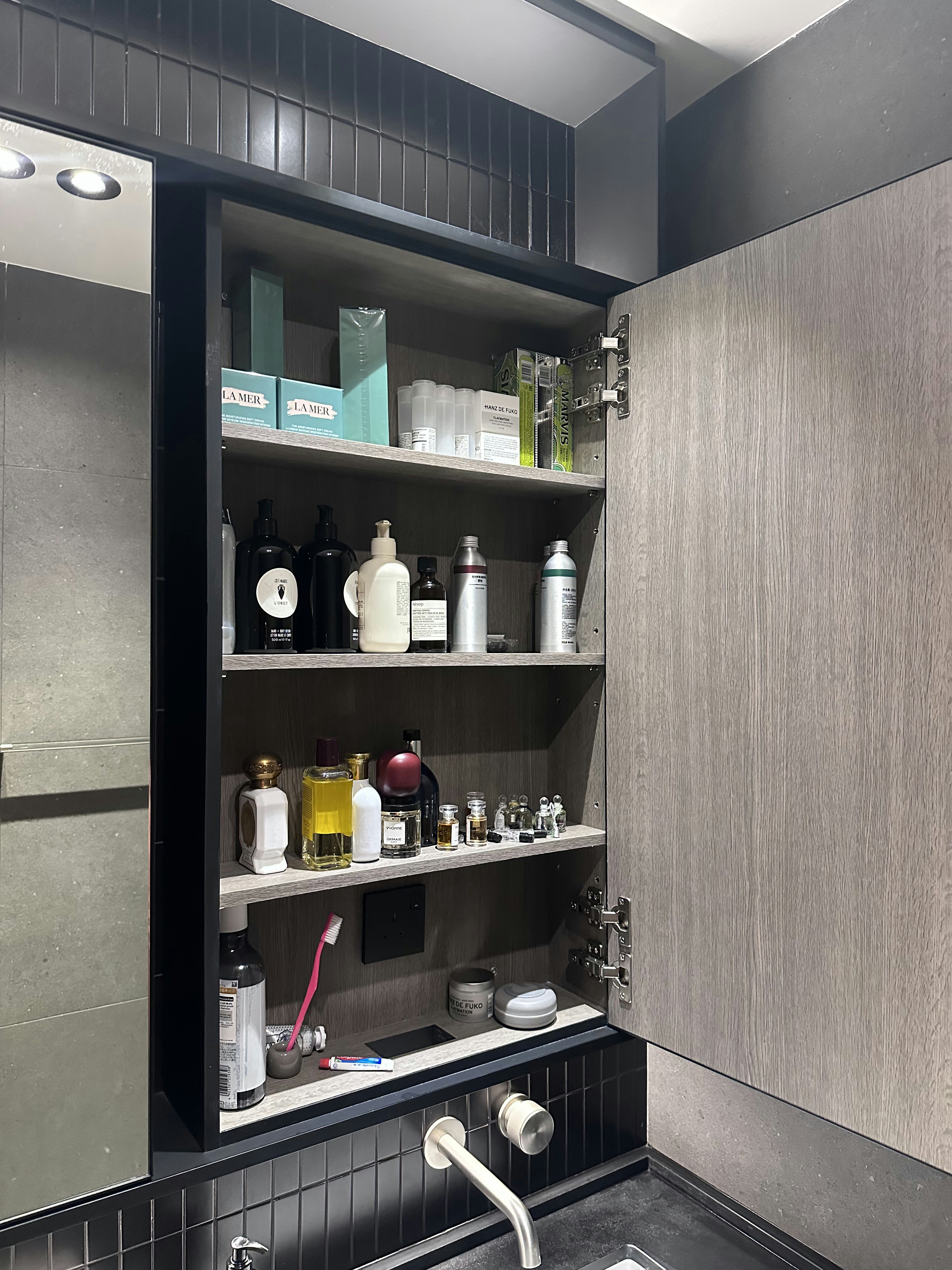 Luxe Loo: Our Bathroom Glow-Up (And We Hacked Down One Shower!) - Shelves, bathroom, medicine cabinet, medicine bottles