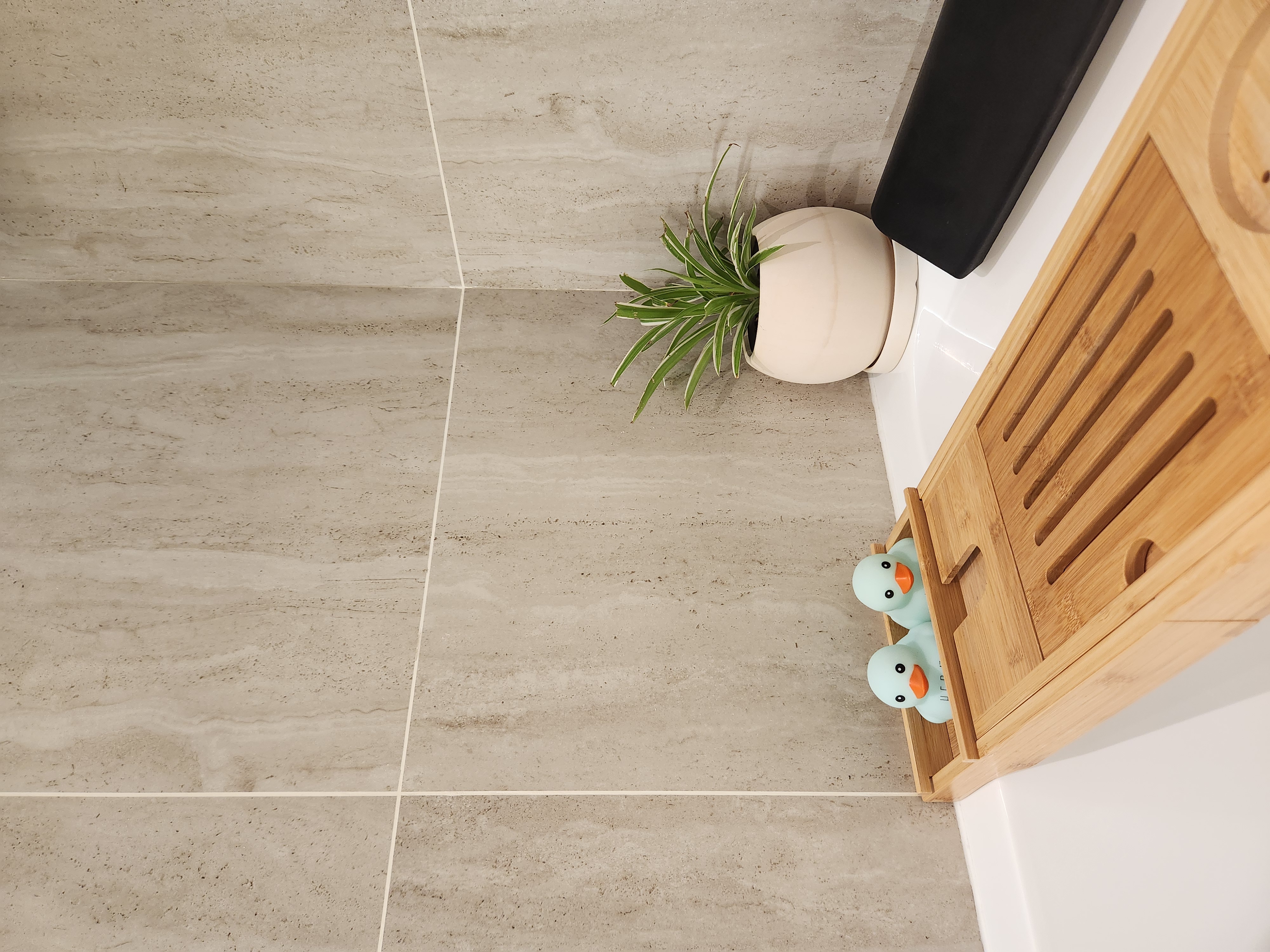 Fitting a Bathtub and Large Format Tiles into our Common Bathroom - Floor tiles, beige color, modern design, minimalist