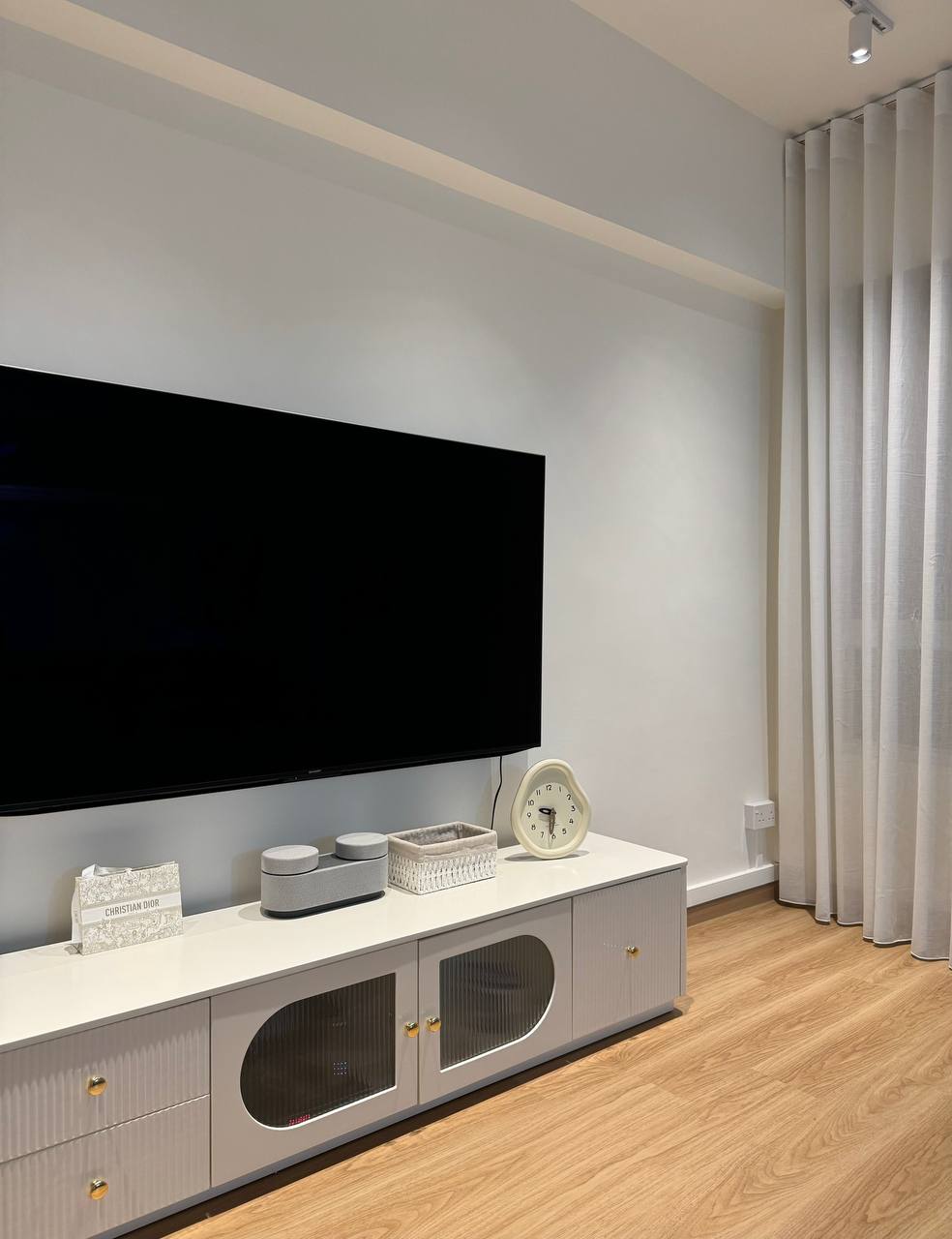 Farmhouse Living Room - our favourite part of the house  - Large flat-screen TV, minimalist decor, modern living room, sleek