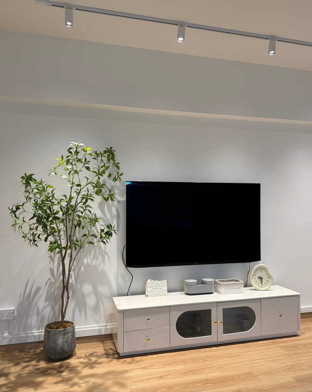 Farmhouse Living Room - our favourite part of the house  - Modern minimalist living room, sleek TV stand, contemporary decor