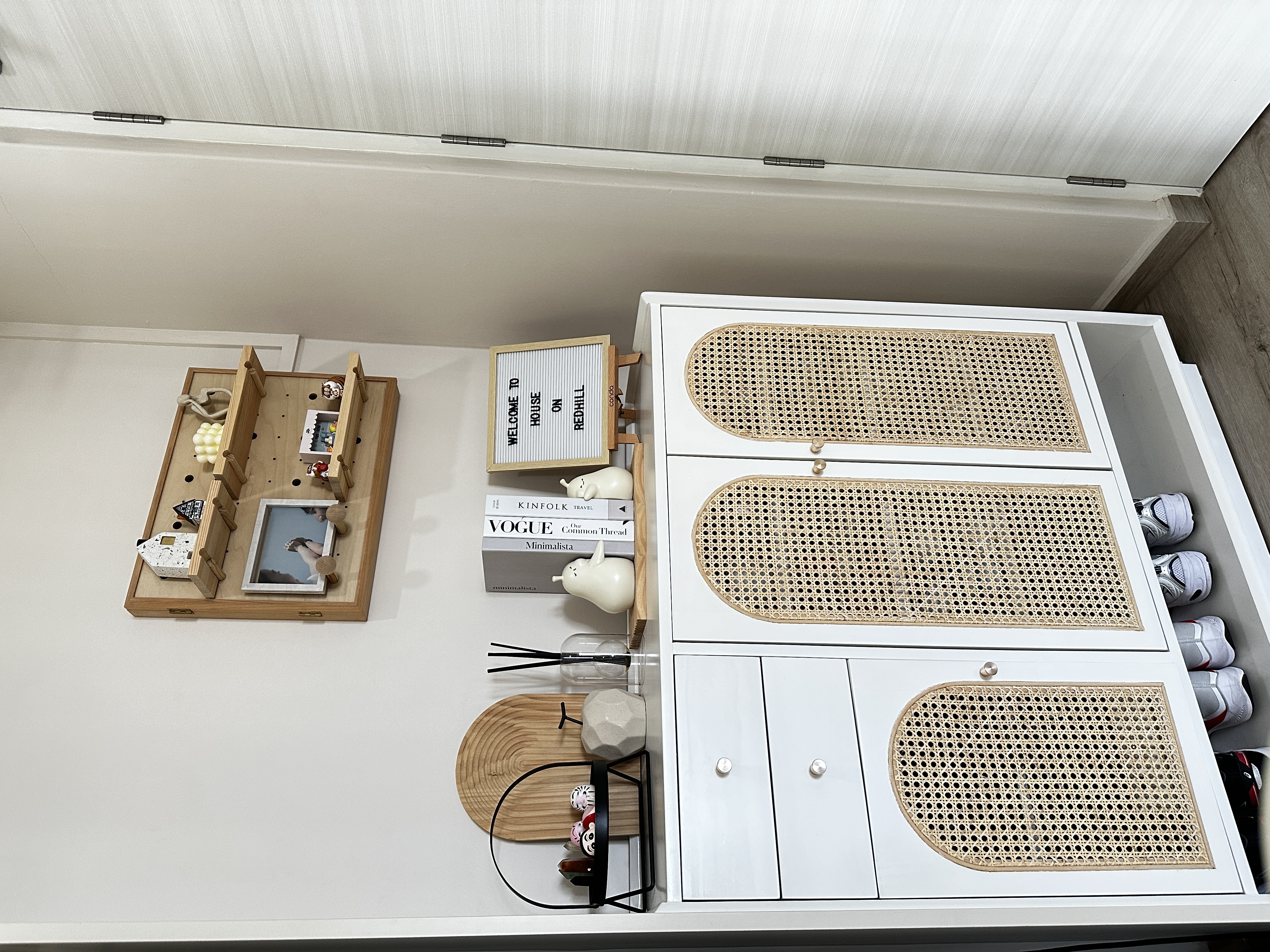 Our Entryway: How we concealed our DB box with a cheap hack!  - Wooden shelf, minimalist design, white cabinets, woven