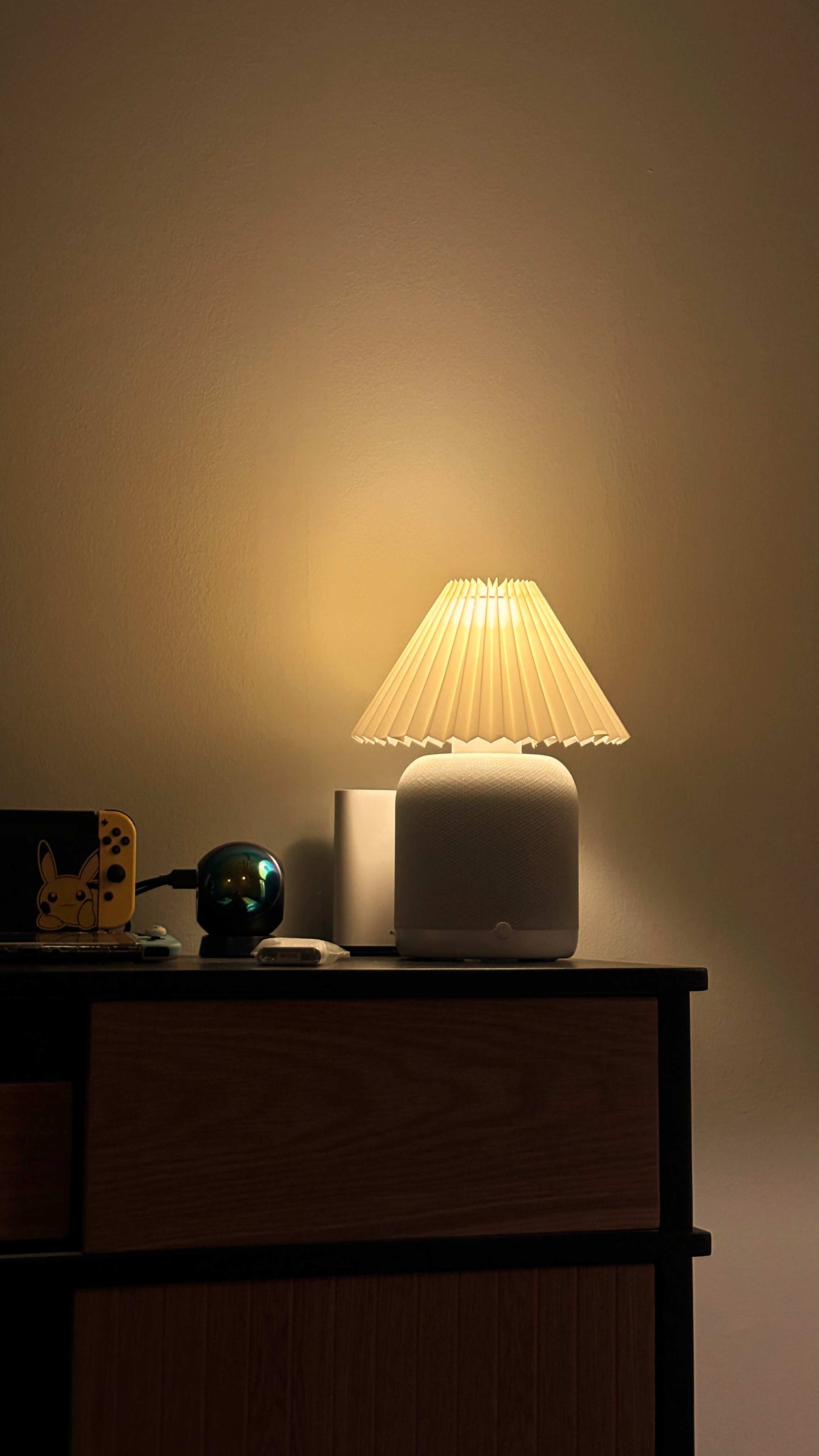 6 types of Ambient Lights for Cosy Vibes  - Lamp with textured shade, soft warm light, modern design, bedside table, cozy