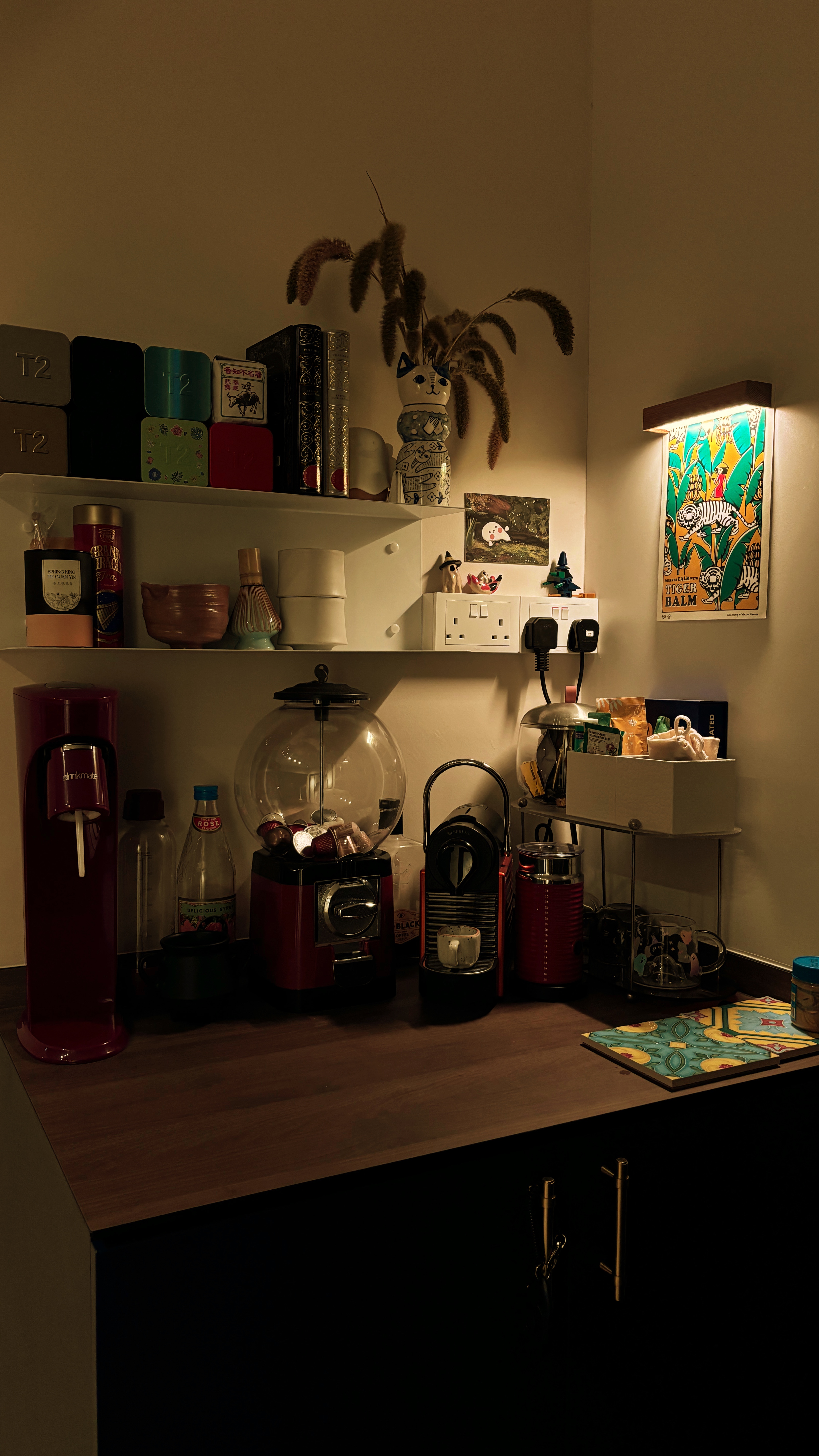 6 types of Ambient Lights for Cosy Vibes  - Shelf with various items, including a red drink dispenser, a bottle of rose
