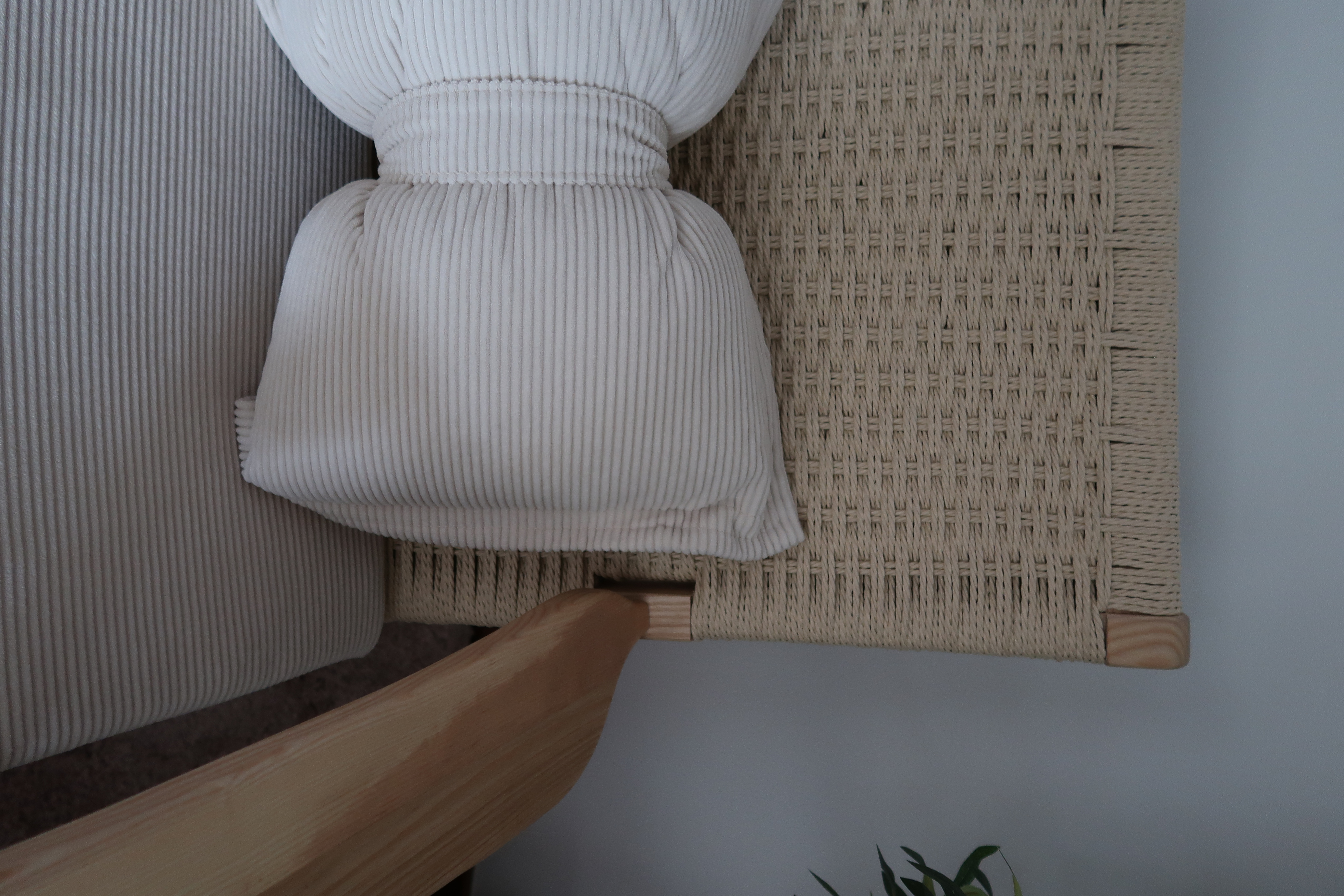 Styling my cosy corner with rustic look 🎀 - Wicker chair with wooden armrest, textured fabric, vertical stripes, light beige