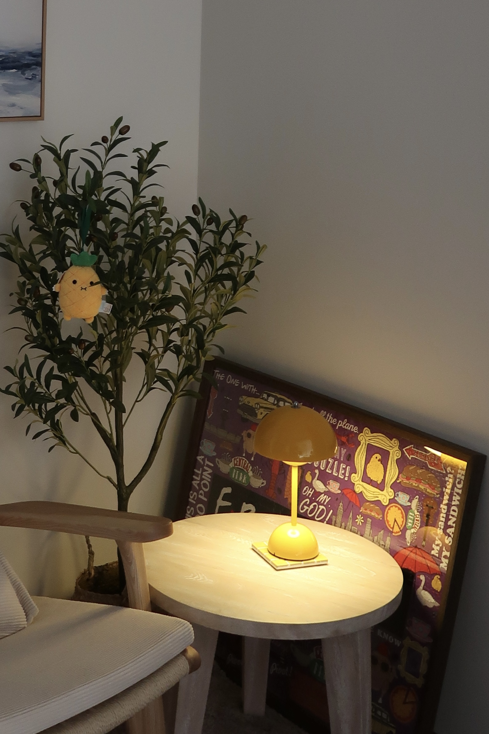 Styling my cosy corner with rustic look 🎀 - Small round table, yellow lamp, cozy room, indoor setting, wooden chair, potted