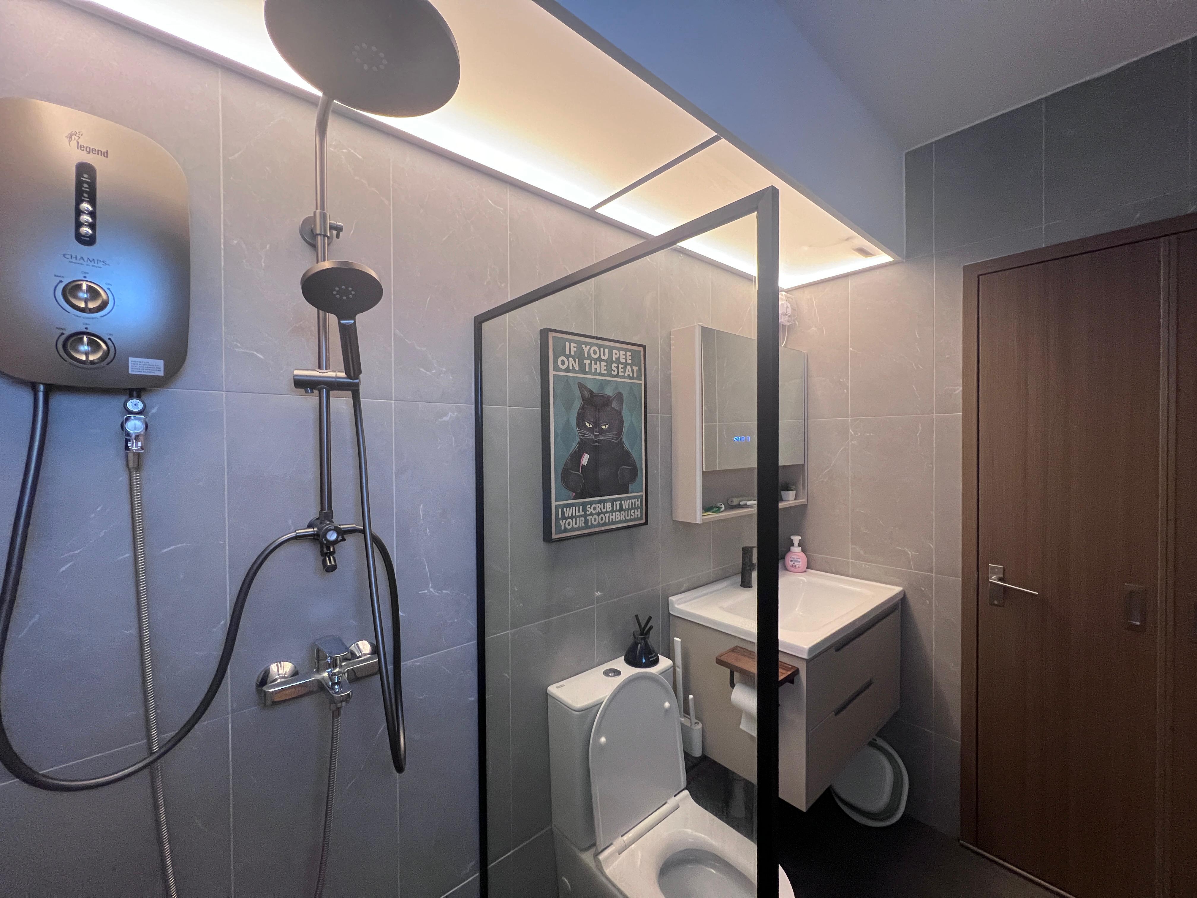 Simple and cost saving toilet - Modern bathroom with sleek design, gray marble tiles, dual showerhead and rainfall