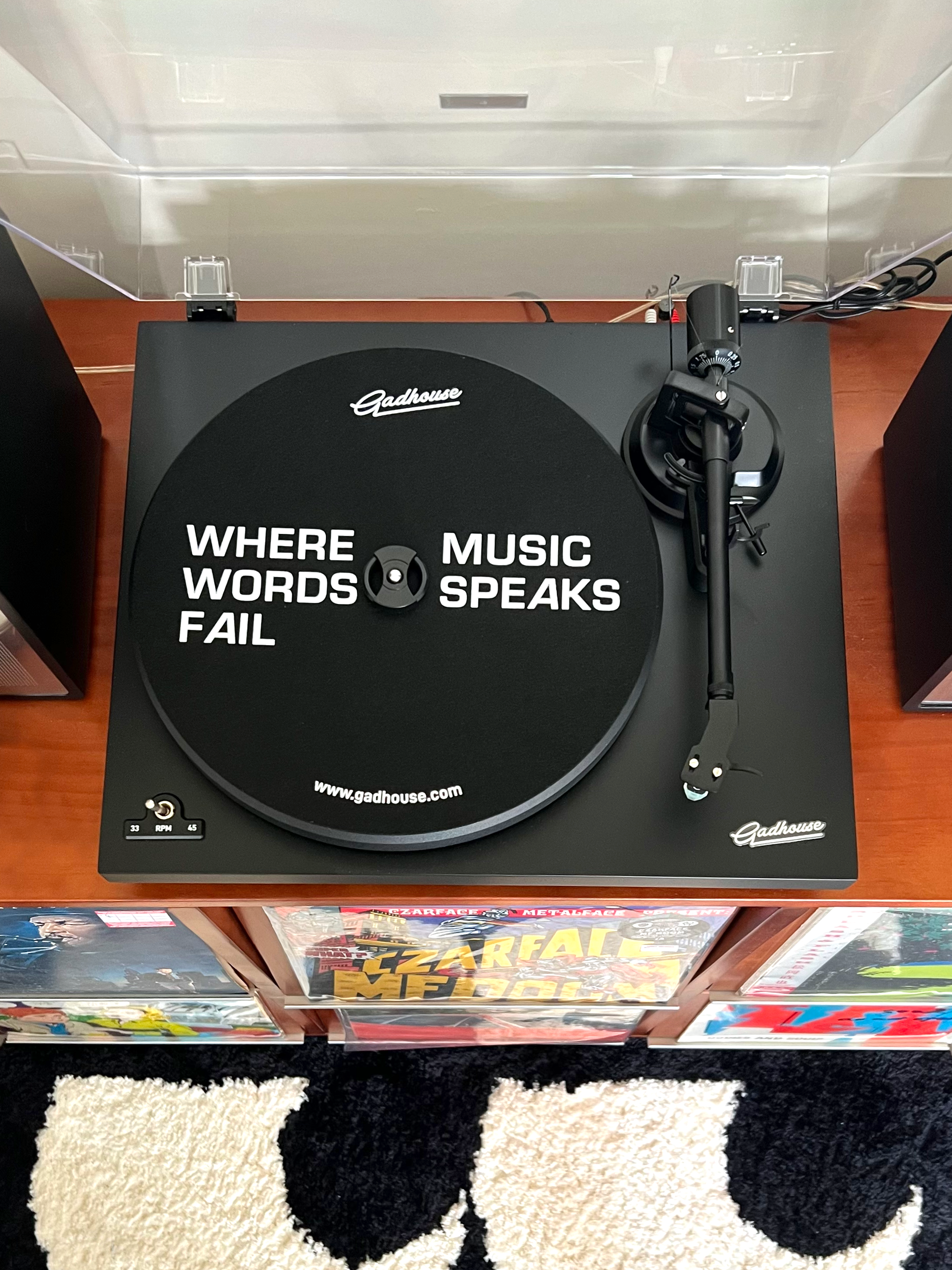 Winding down and turning up, a weekend chill for 2 monkeys 🙉🙊 - Black record player with "Where words fail" inscription