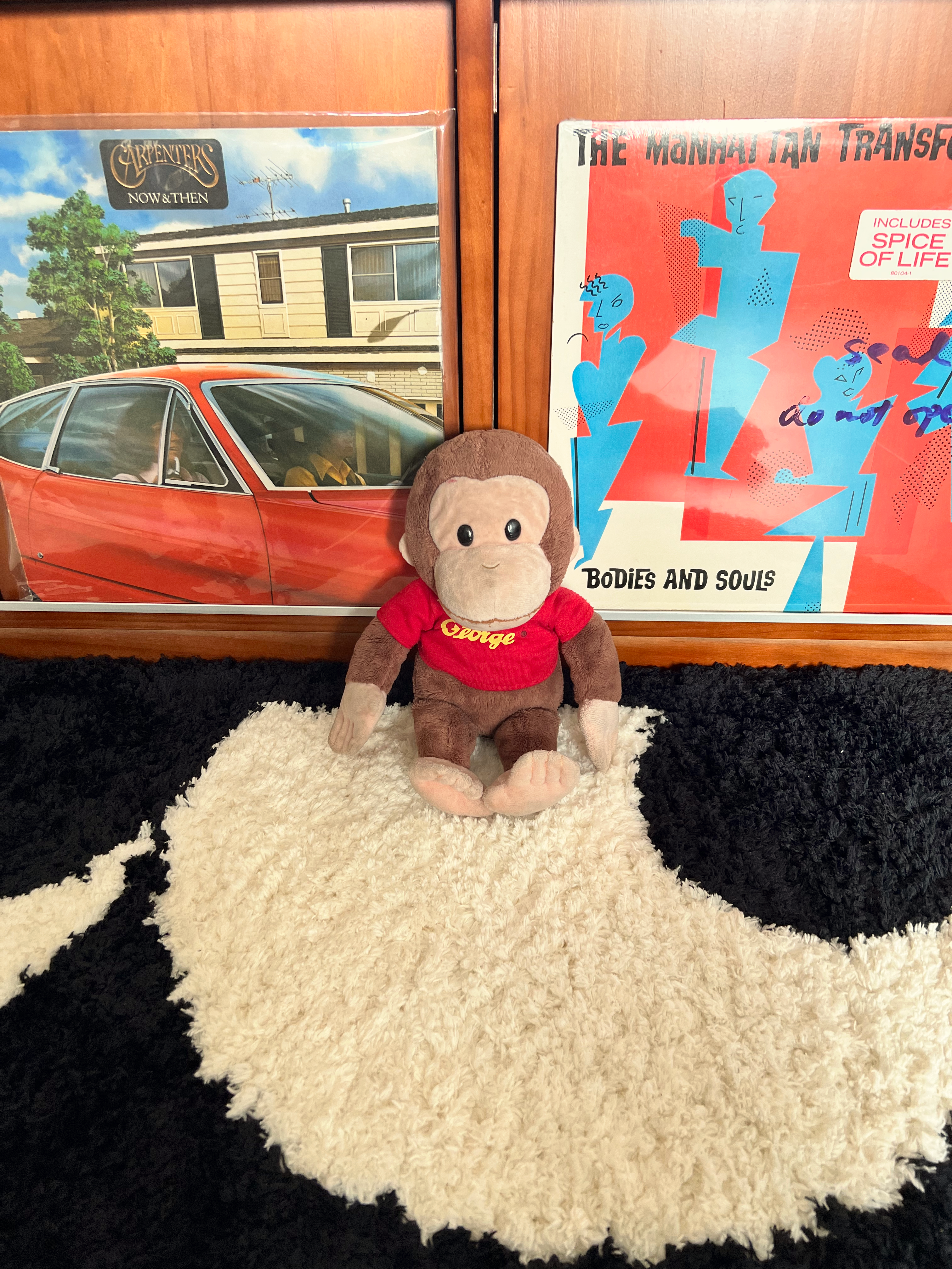 Winding down and turning up, a weekend chill for 2 monkeys 🙉🙊 - Carpenters Now & Then, Red car, wooden cabinet, plush