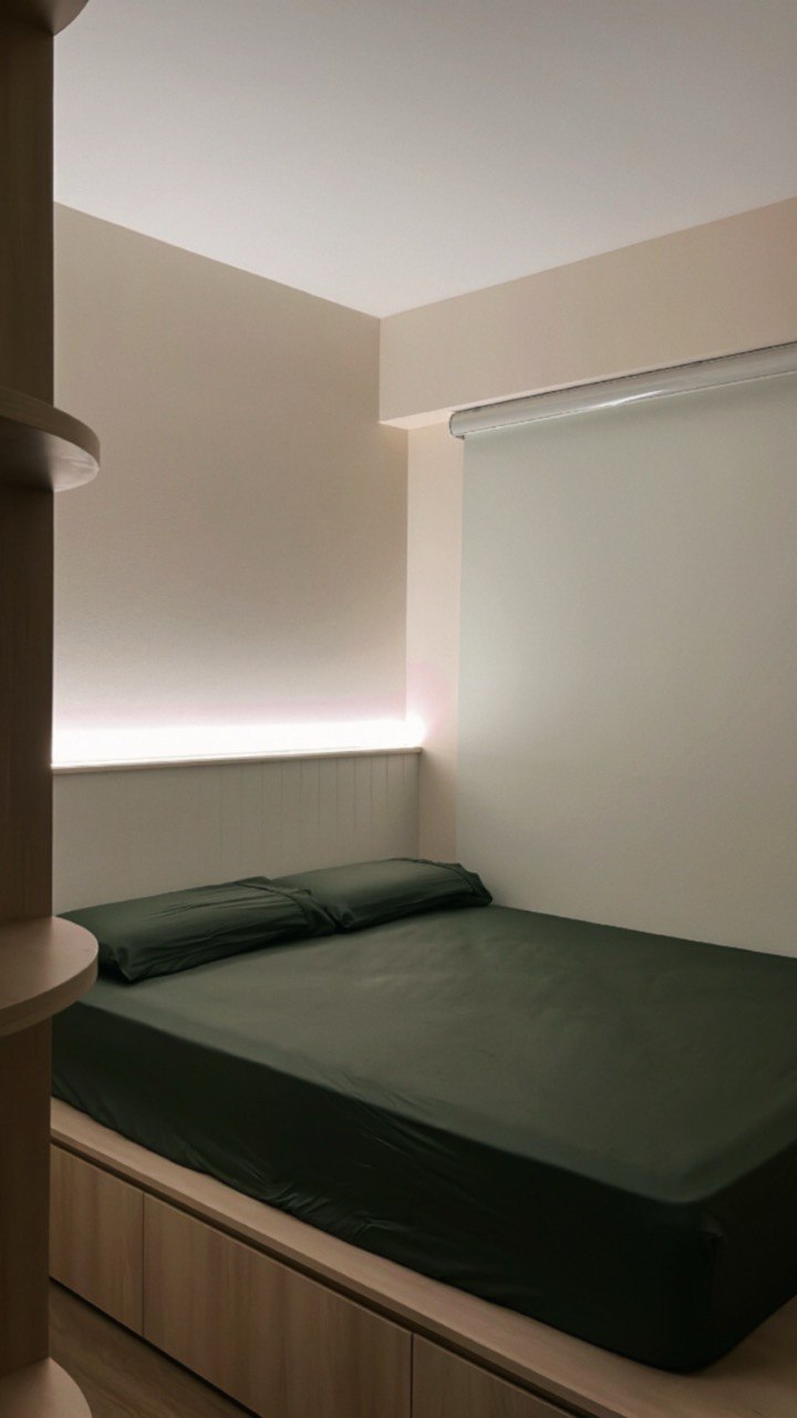 Common Room: A Sense of Hygge Retreat  - Modern minimalist bedroom, sleek design, neutral color palette, large bed with green