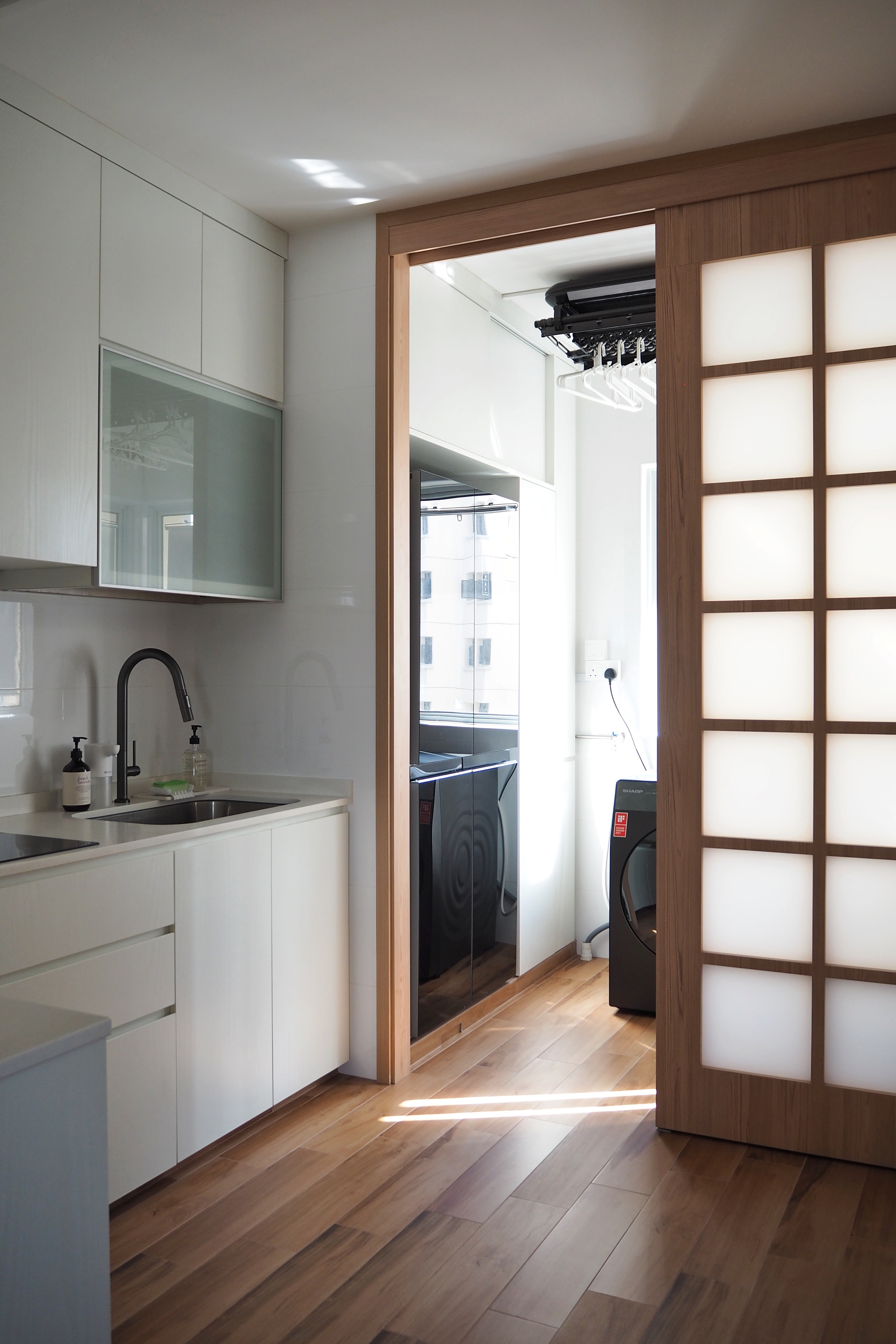 Weekend Mornings with Gacha Coffee, K-Dramas, and a Dash of Sunshine - White kitchen cabinets, modern sink, black faucet